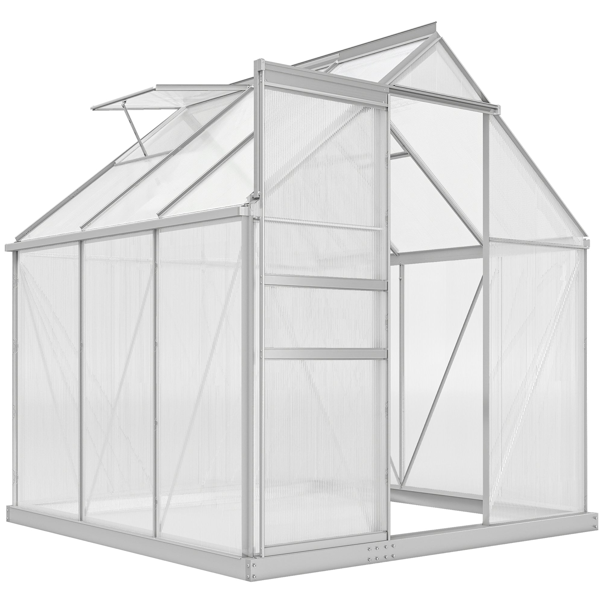 6' x 6' x 6.5' Polycarbonate Greenhouse with Aluminum Frame, Walk-in Heavy Duty Green House with Adjustable Roof Vent, Rain Gutter and Sliding Door for Winter, Silver