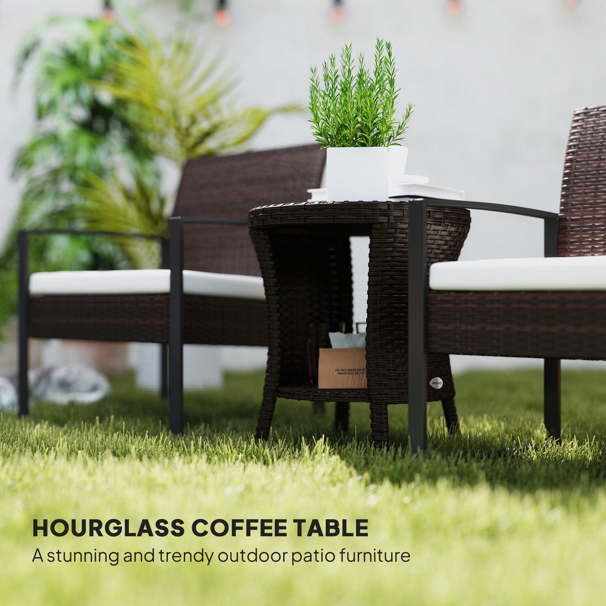 18" Wicker Outdoor Coffee Table, PE Rattan Patio Side Table with 2-Tier Storage, Composite Wood Top