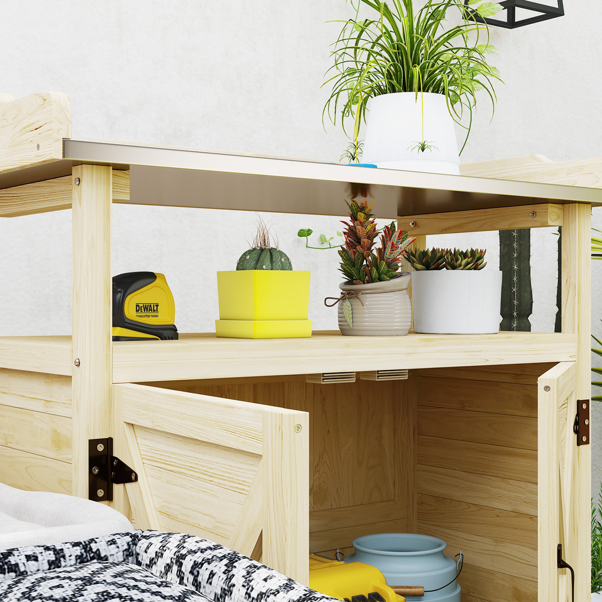 Outdoor Wooden Potting Bench with Storage Cabinet, Aluminum Tabletop, Rubber Wheels for Backyard, Patio, Balcony