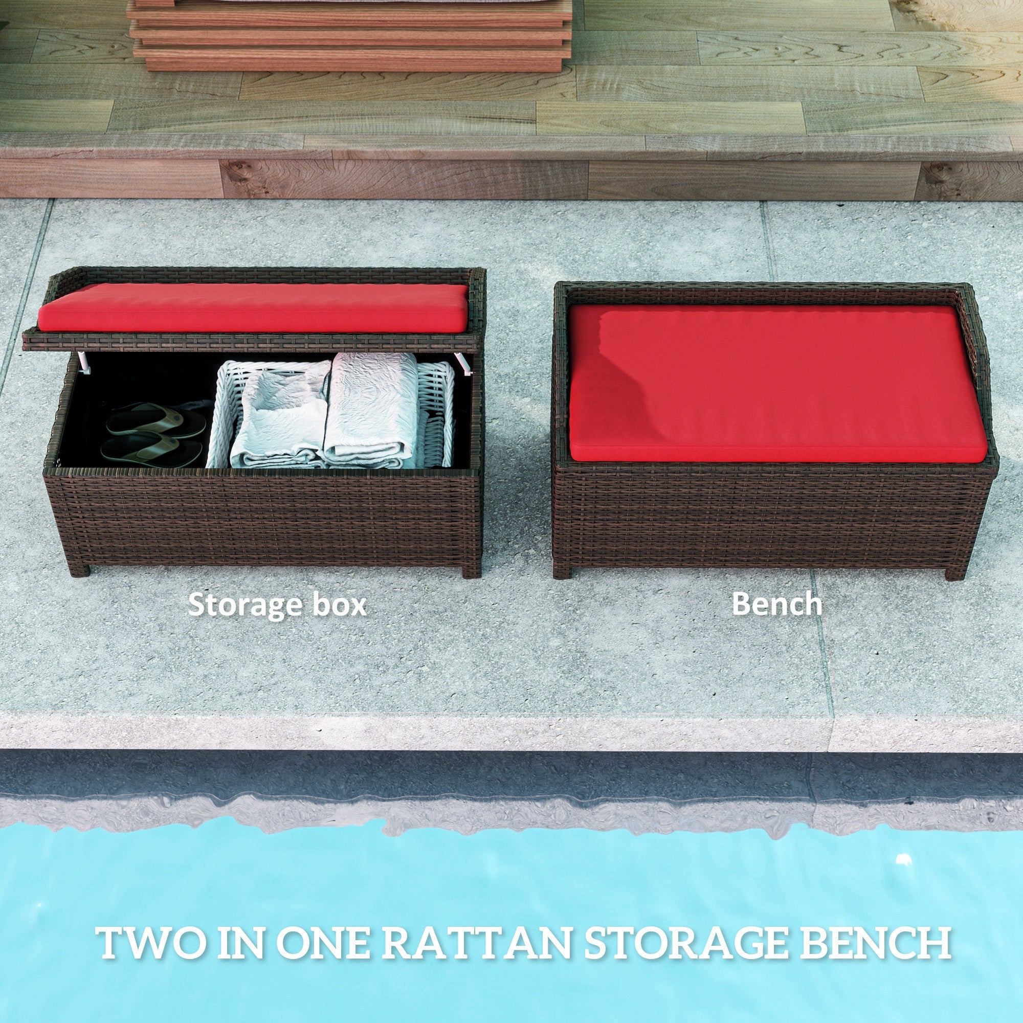 Outdoor Wicker Storage Bench with Storage & Cushion, Red