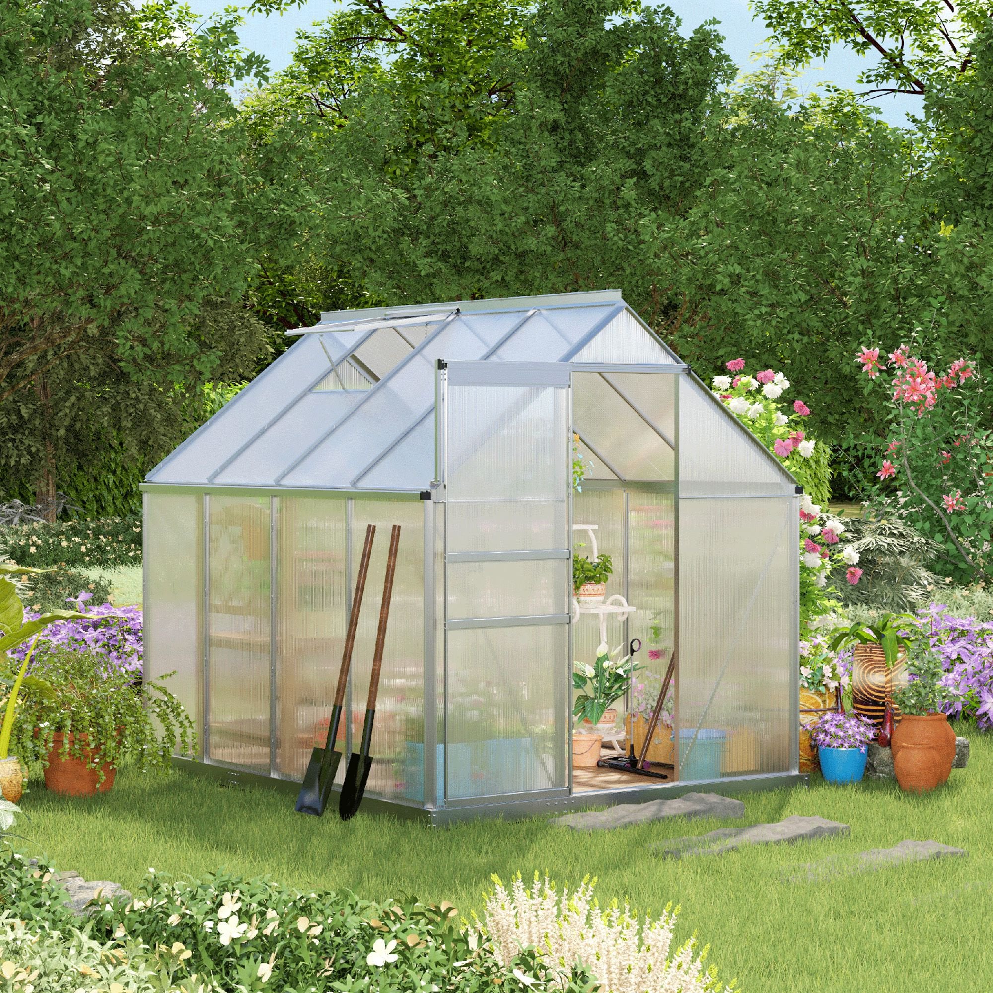 8' x 6' Aluminum Outdoor Greenhouse, Polycarbonate Walk-in Garden Greenhouse Kit with Adjustable Roof Vent, Rain Gutter and Sliding Door for Winter, Silver