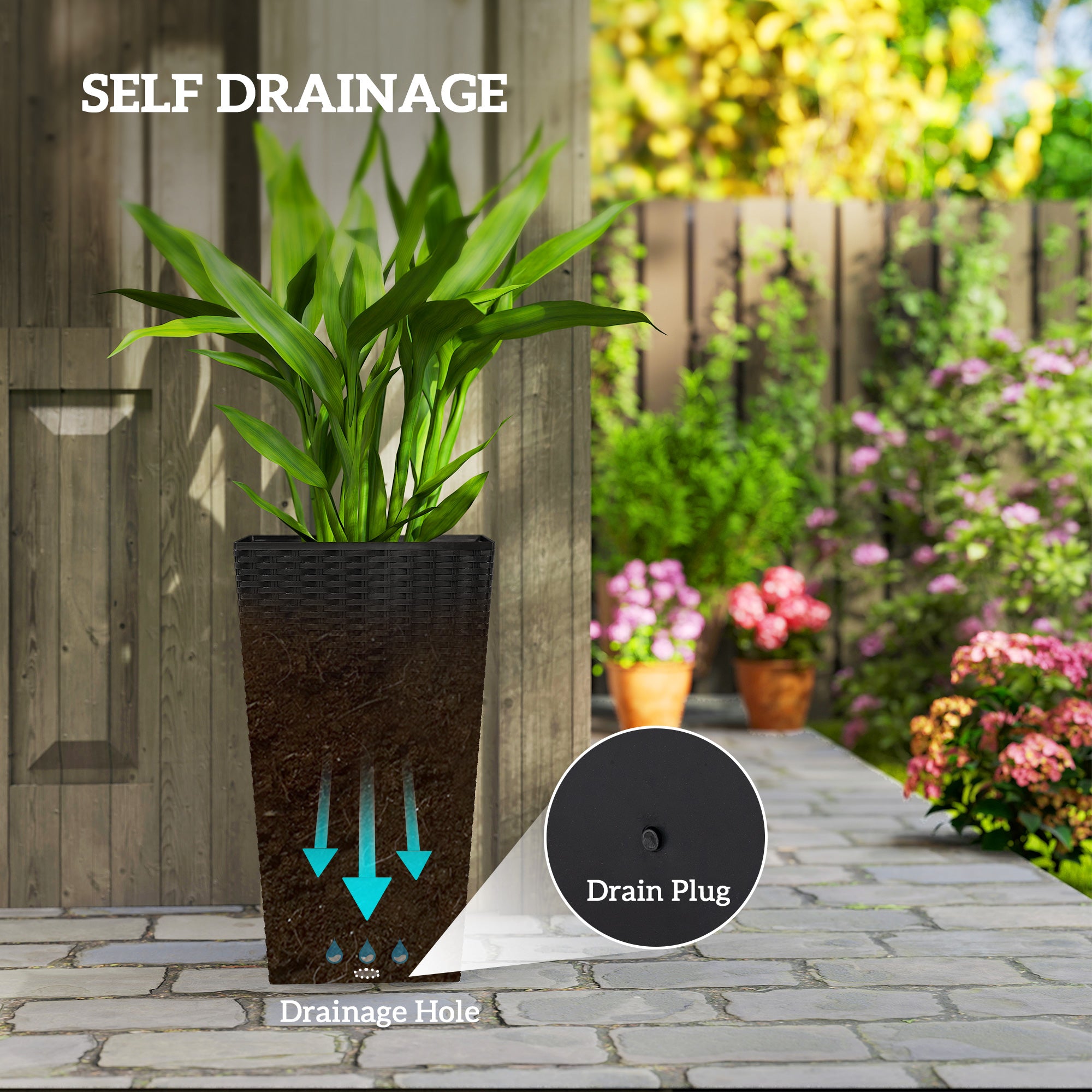 Set of 3 Tall Planters with Drainage Hole, 24" Outdoor Flower Plant Pots, Indoor Planters for Porch, Front Door, Entryway, Patio and Deck