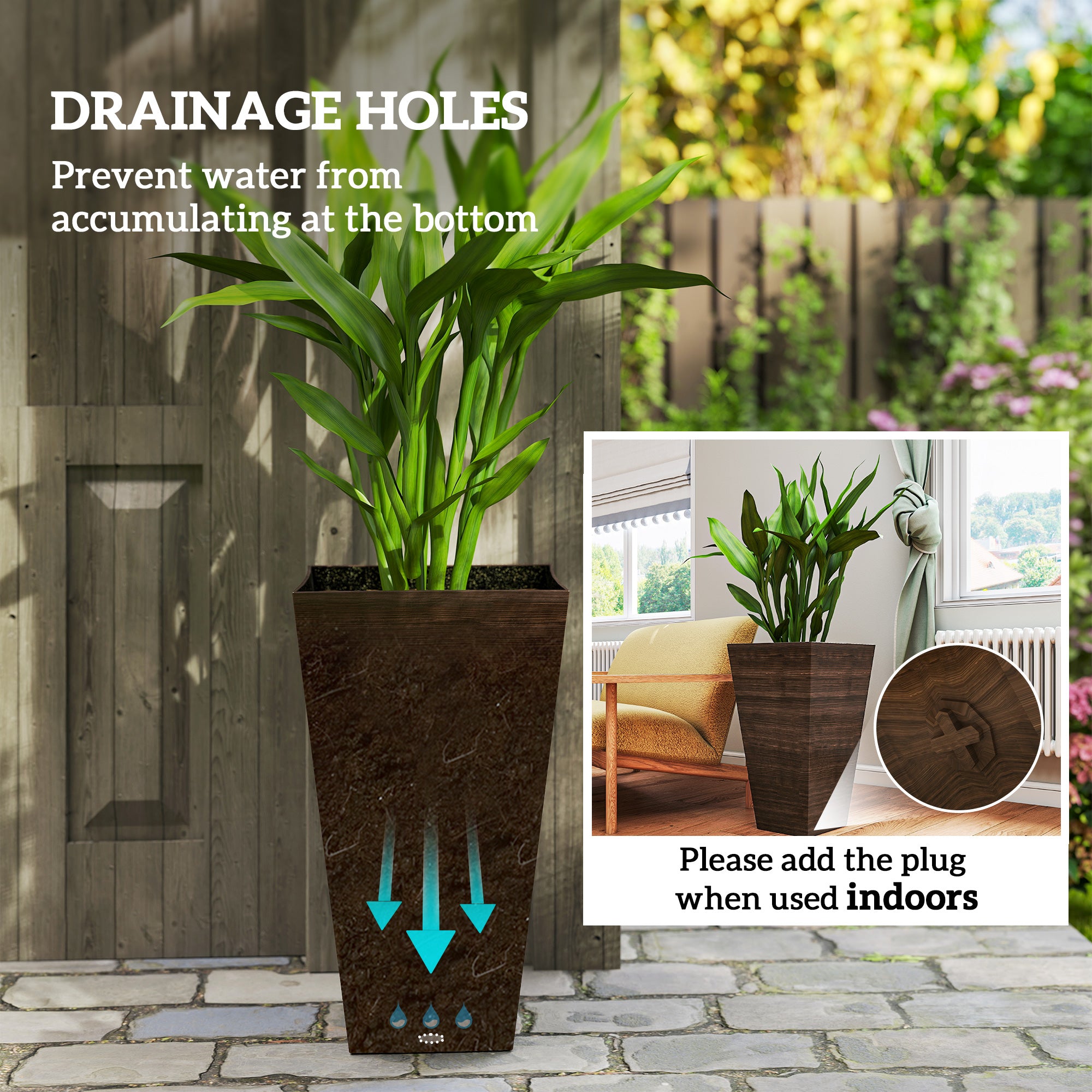 Set of 3 Tall Planters, 28" Outdoor Planter w/ Drainage Holes, Faux Wood Plastic Flower Pots