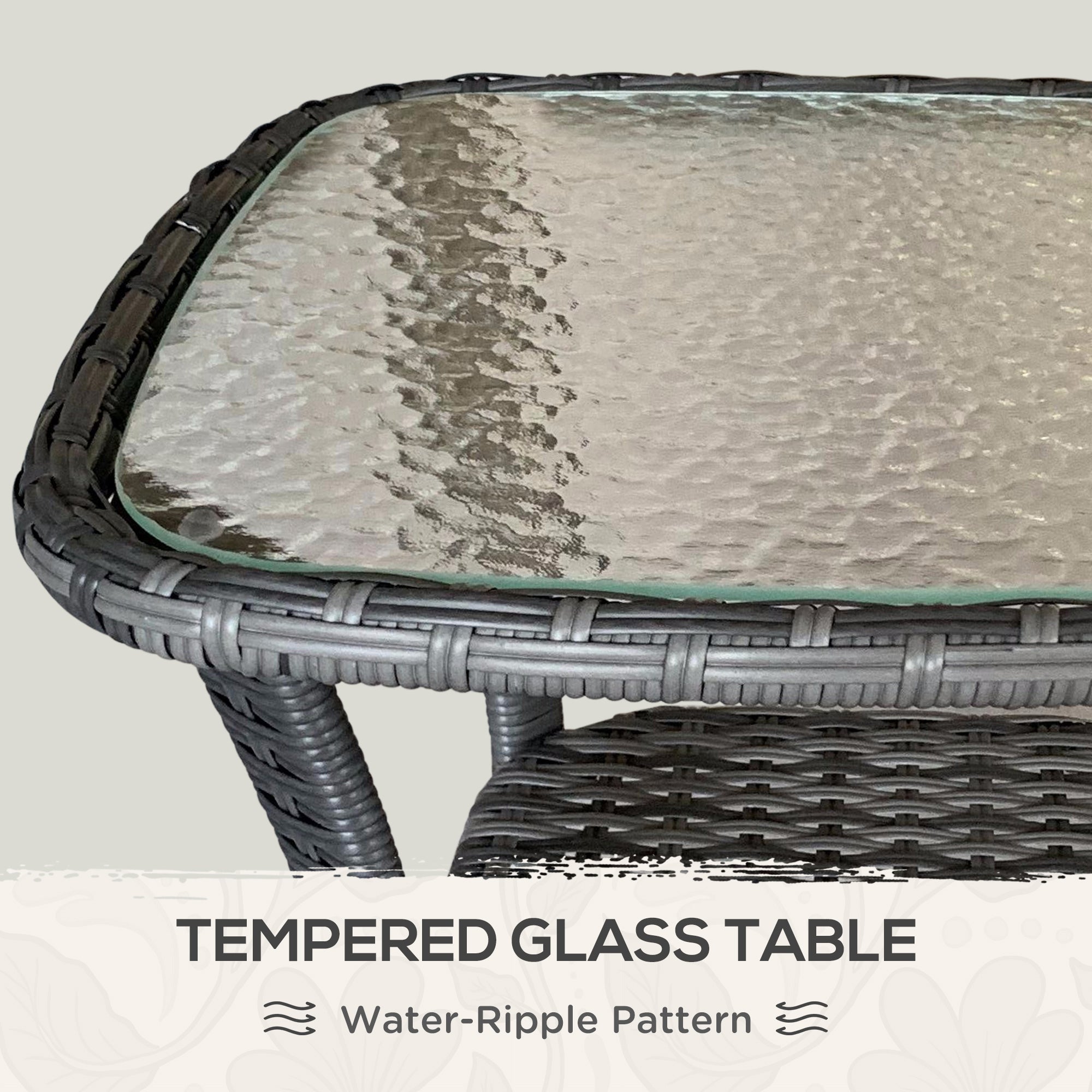 Outdoor Coffee Table with Storage Shelf, Hand-Woven Wicker Side Table with Water-Ripple Glass Top