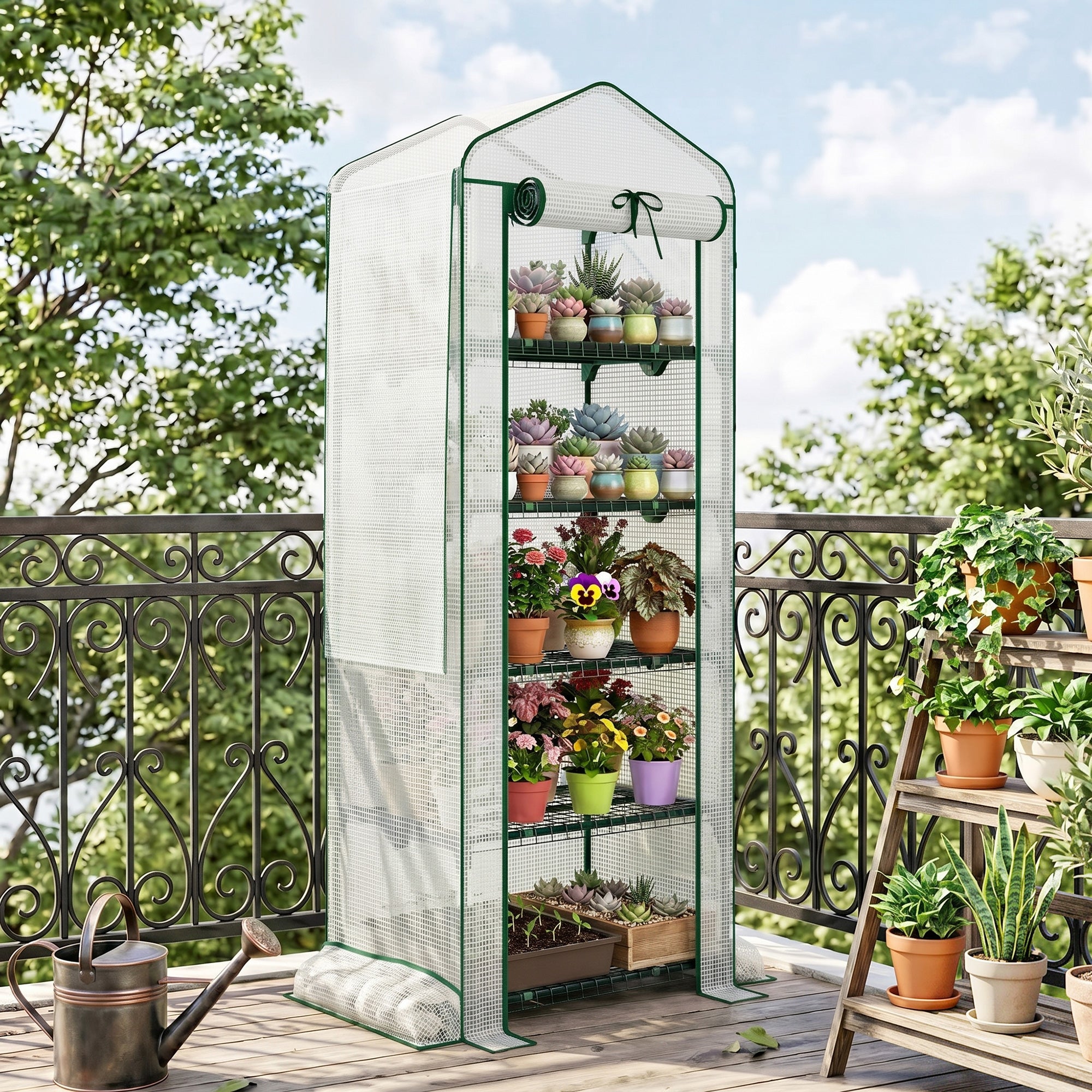 Mini Greenhouse with Screen Roof, 5 Tier Portable Small Greenhouse with High Strength PE Cover
