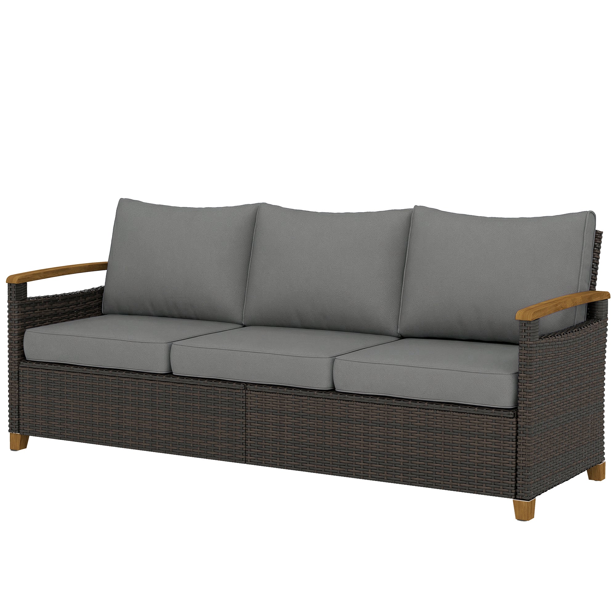 3 Seater Outdoor Couch Sofa, PE Wicker Patio Sofa, Wide Deep Seat, 4" Cushions, Wood-Effect Armrests Legs