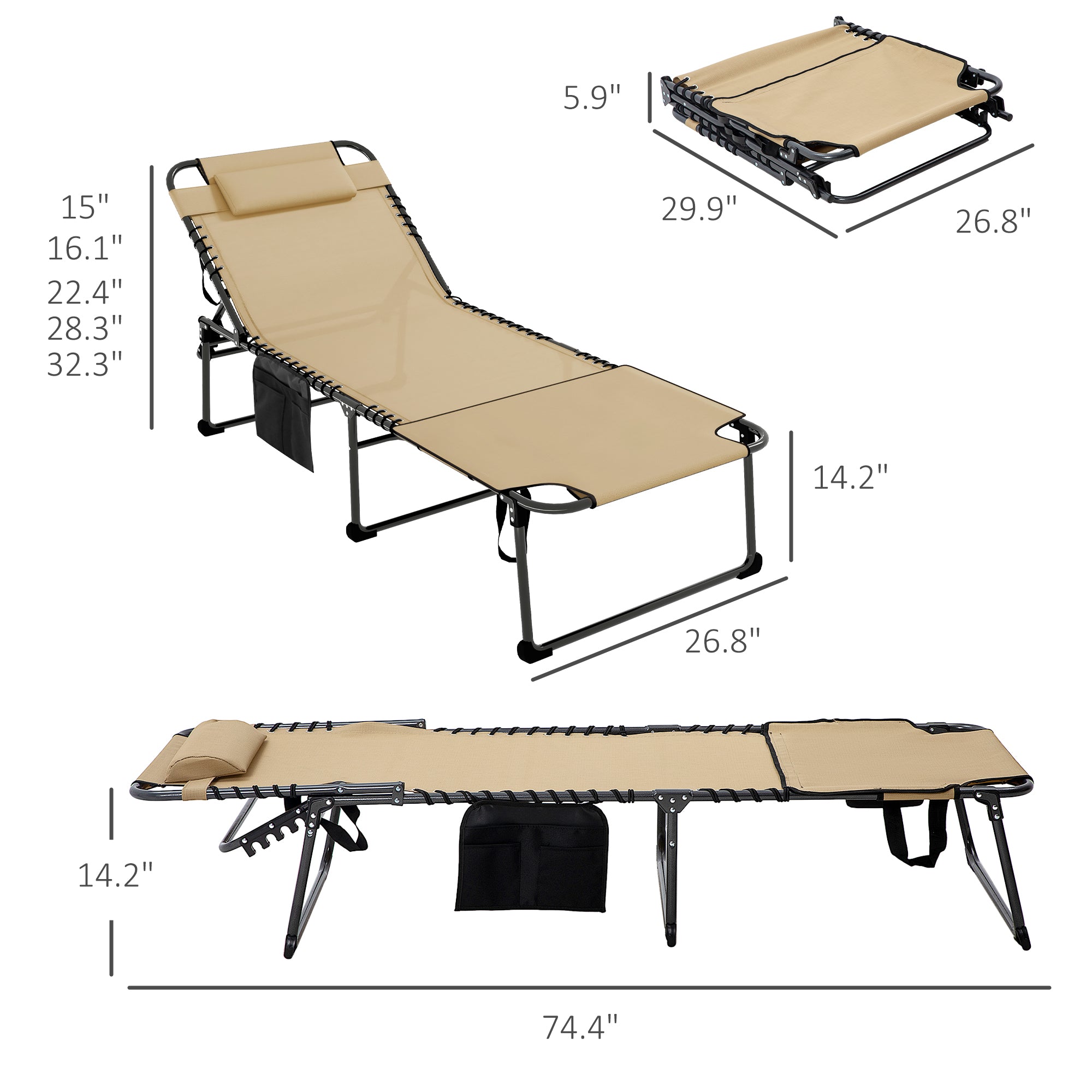 Folding Chaise Tanning Lounge Chair w/ 5-level Reclining Back, Reading Hole, Side Pocket, Headrest