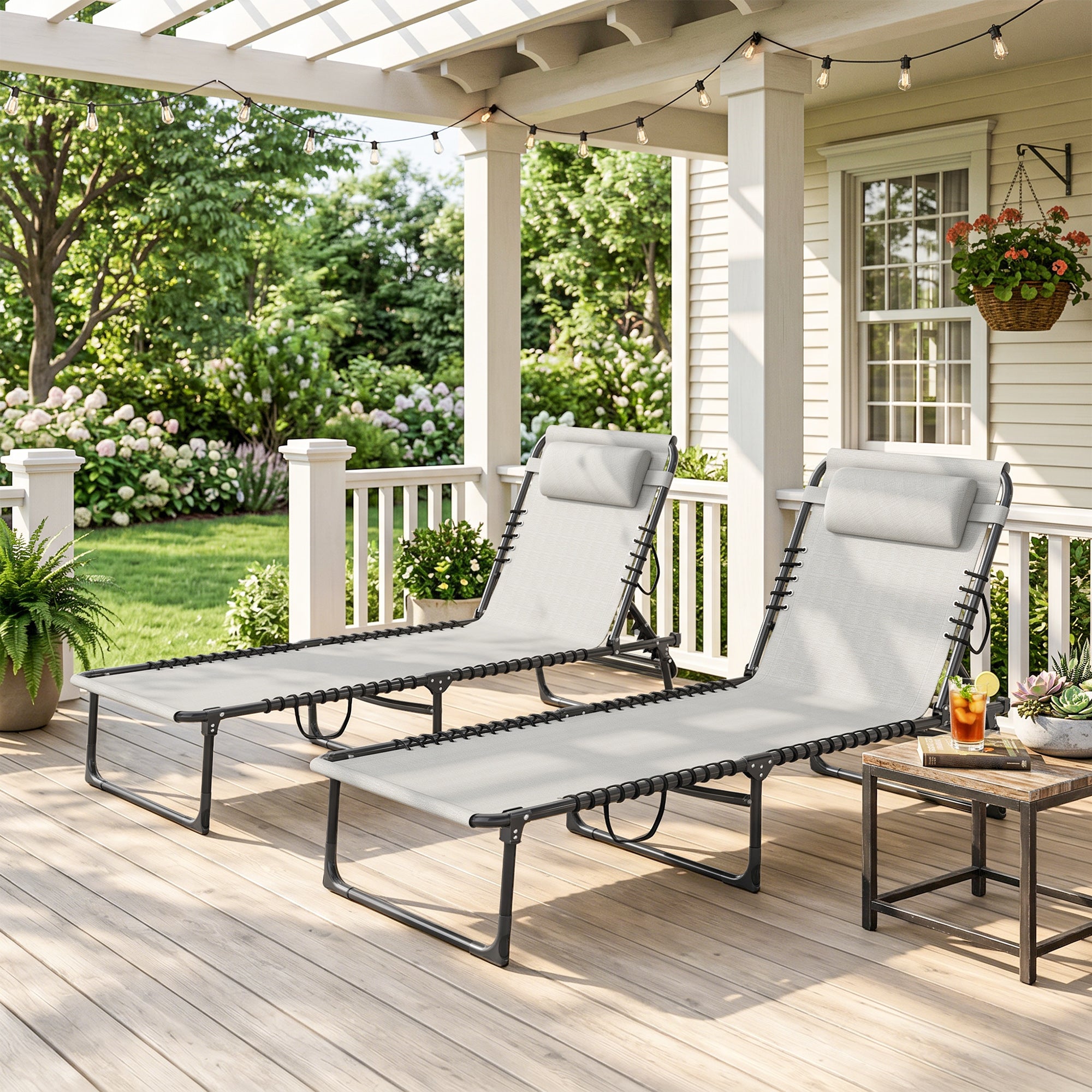 2 Folding Chaise Lounge Pool Chairs with 4-Position Reclining Back, Pillow, Breathable Mesh & Bungee Seat