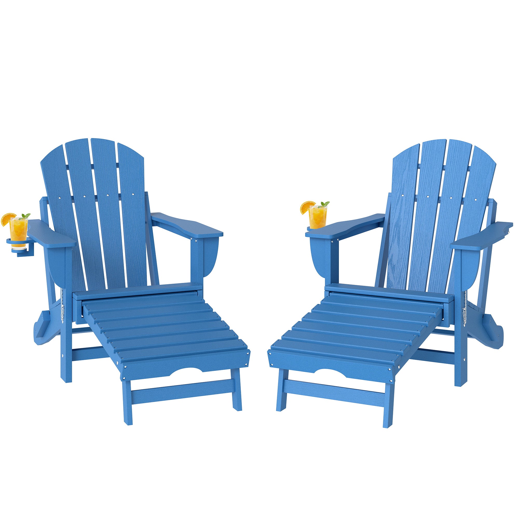 Folding Adirondack Chair Set of 2, HDPE Fire Pit Chair with Retractable Ottoman and Cup Holder