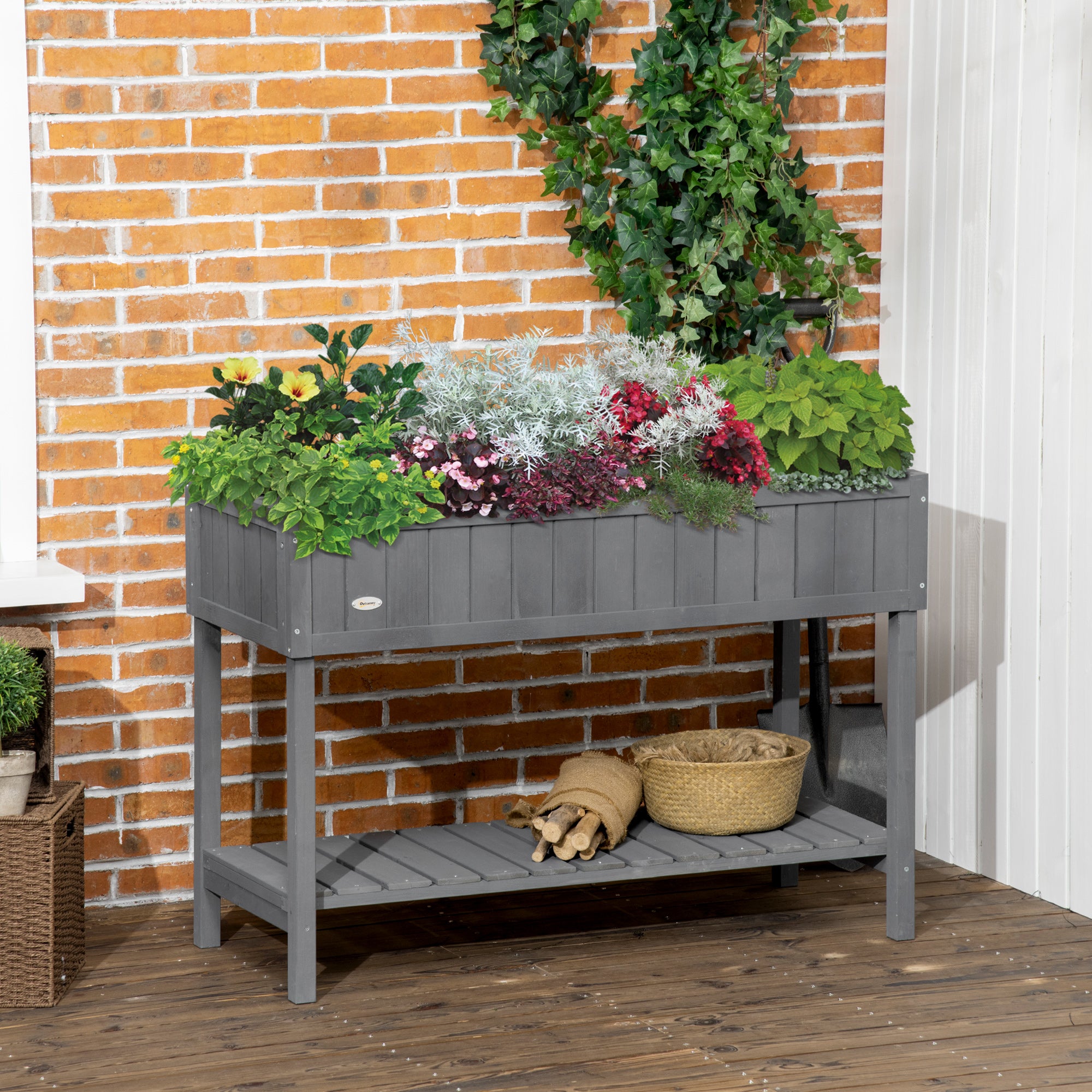 Wooden Raised Garden Bed, Elevated Planter Box Stand with 8 Slots and Open Shelf, Dark