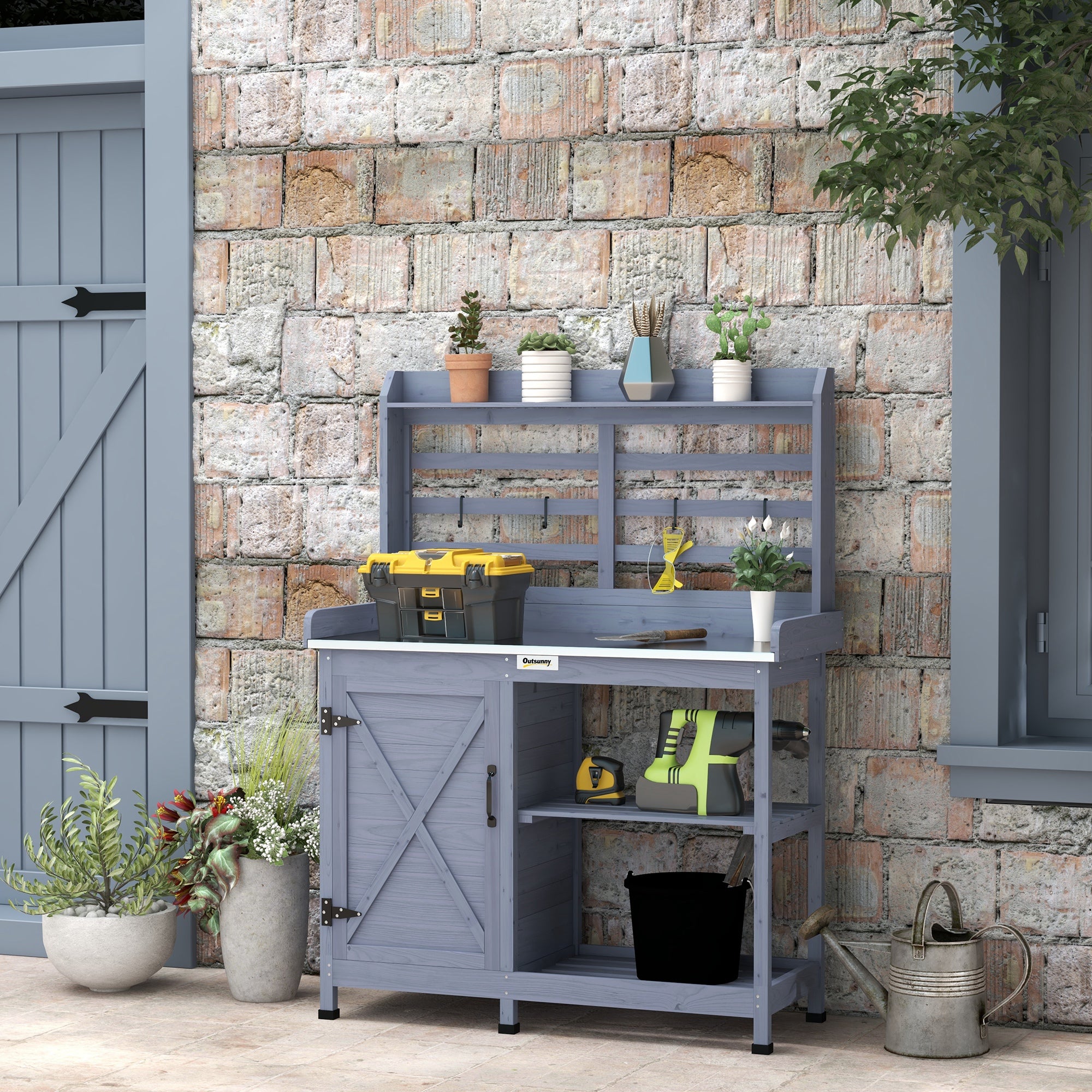 Wooden Potting Bench with Storage, Aluminum Tabletop for Backyard, Patio, Balcony