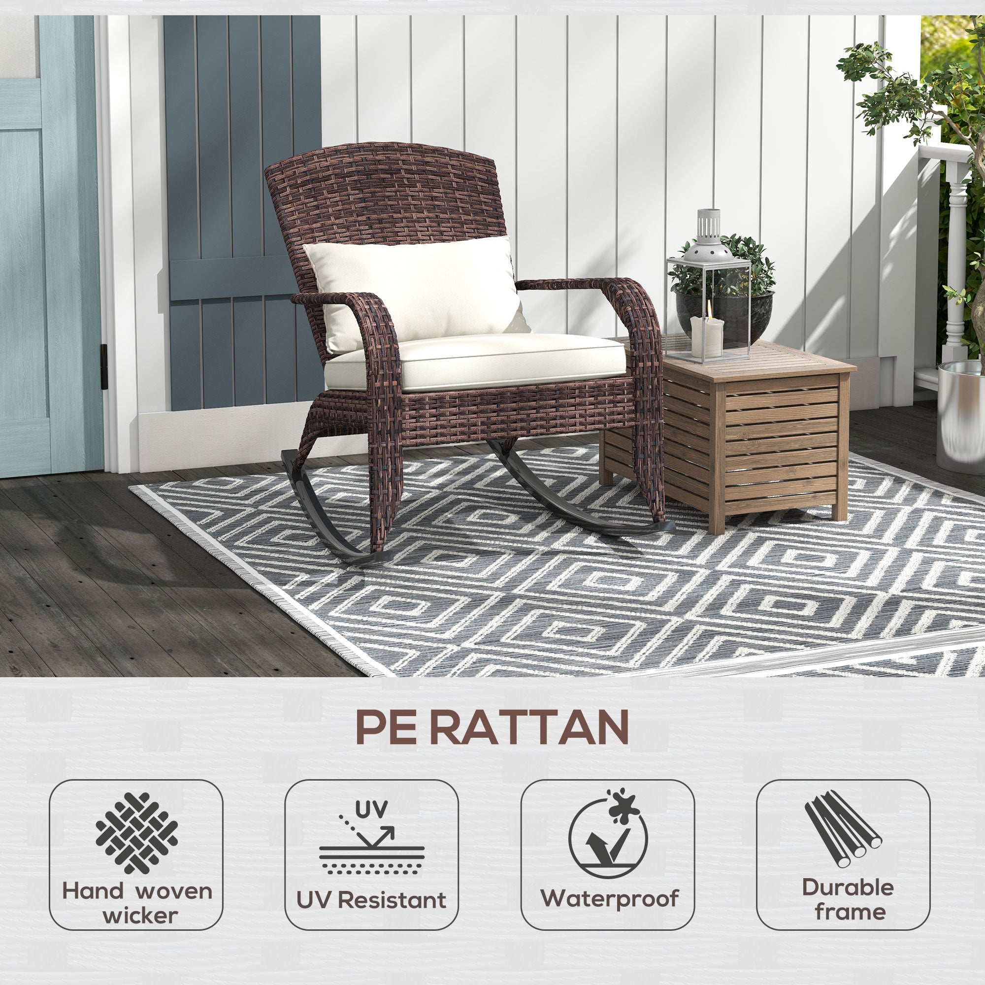 Adirondack Chair, Outdoor Wicker Rocking Chair with High Back, Seat Cushion, and Pillow for Porch, Balcony