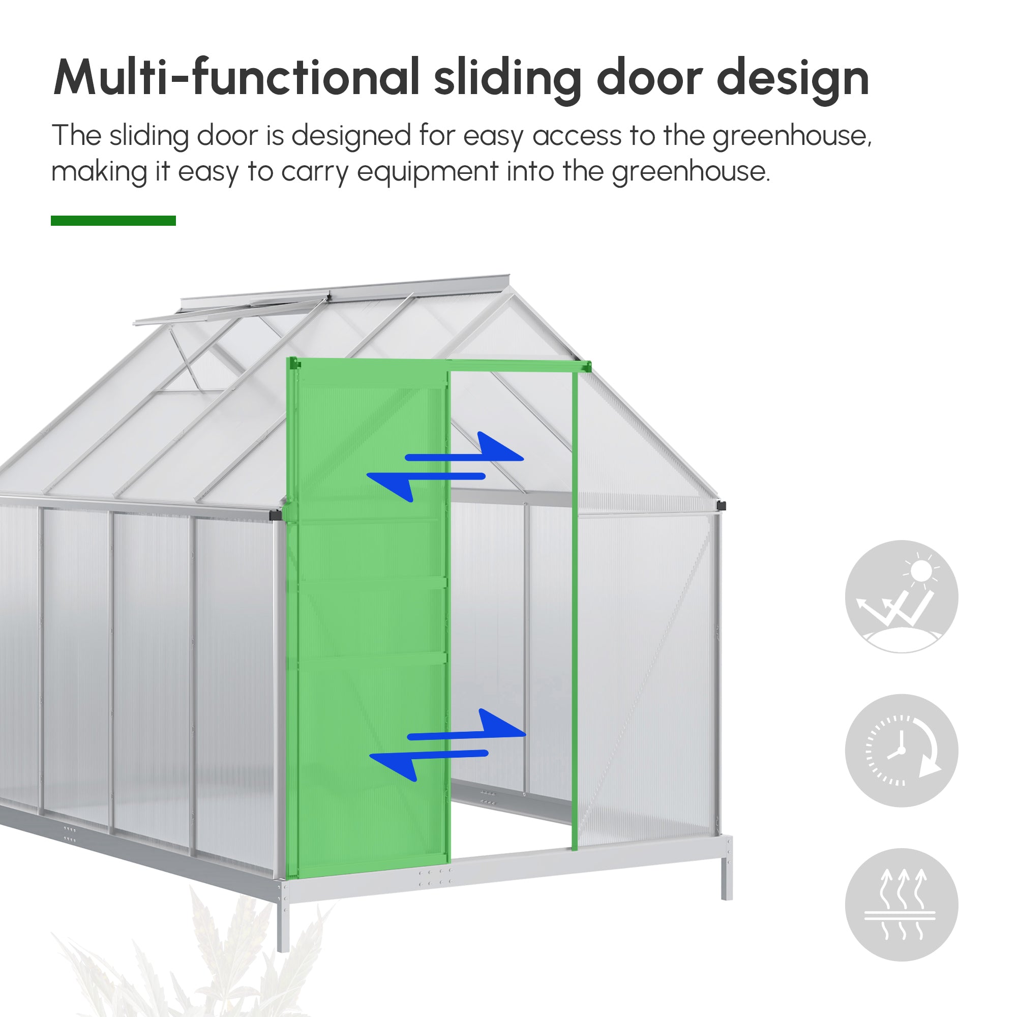 8' x 6' Aluminum Outdoor Greenhouse, Polycarbonate Walk-in Garden Greenhouse Kit with Adjustable Roof Vent, Rain Gutter and Sliding Door for Winter, Silver