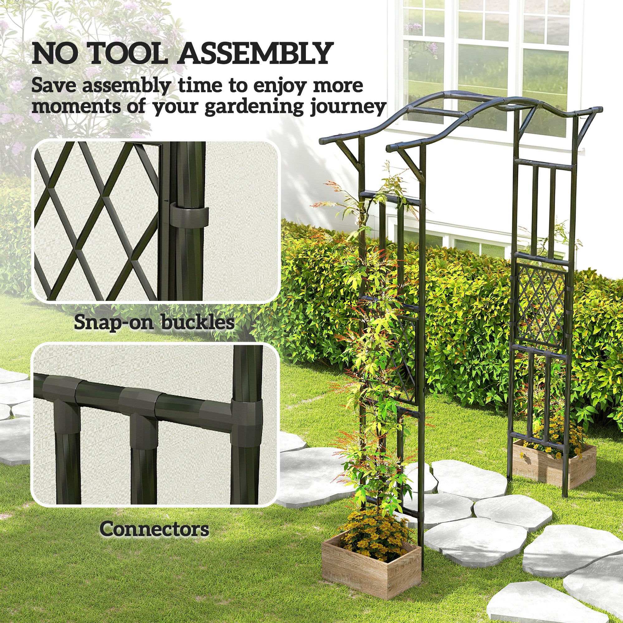Garden Arch, PE-Coated Steel Garden Arch Trellis with Extended Top, Black