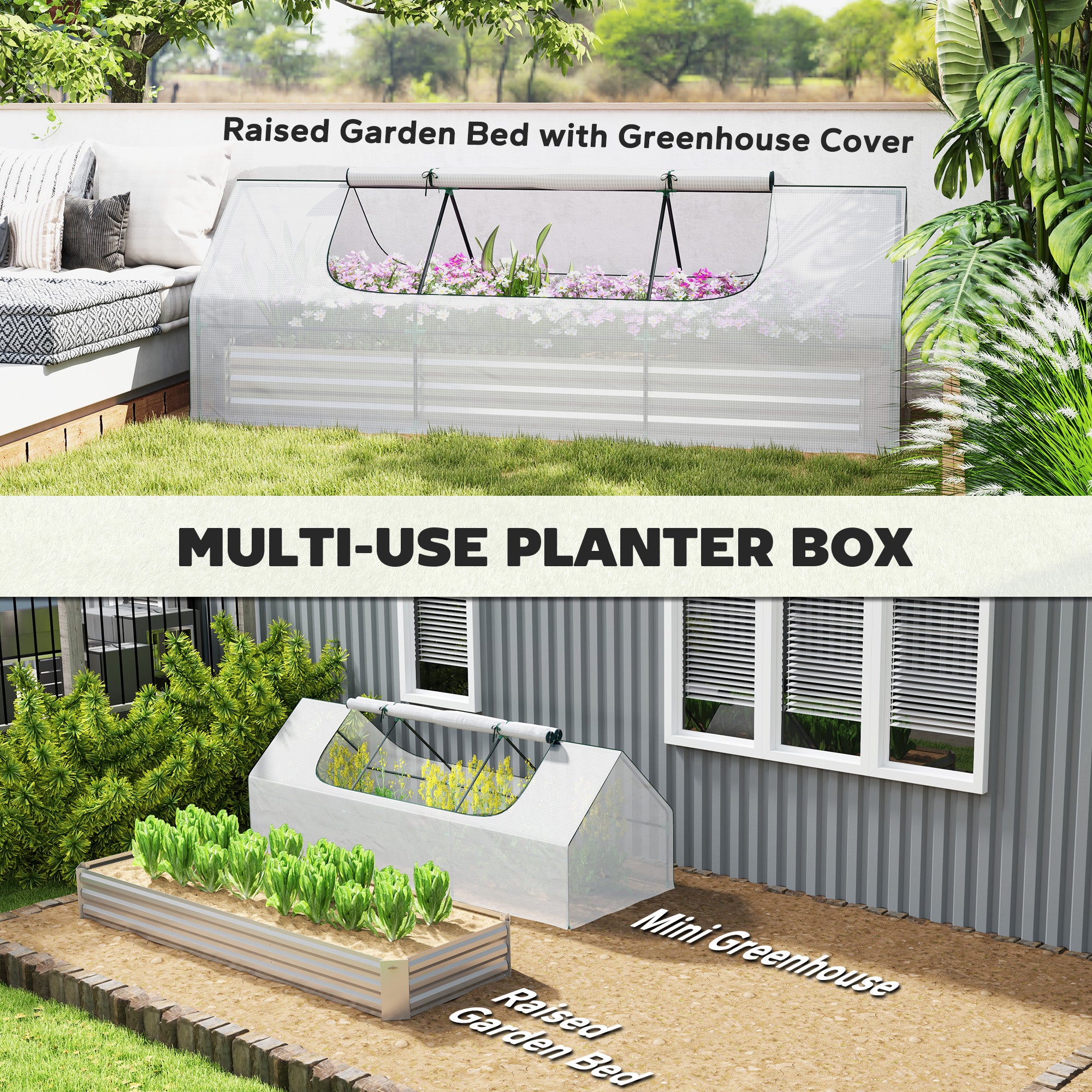 8.6 x 3 x 1ft Metal Planter Box with Mini Greenhouse, Galvanized Raised Garden Bed with Cover for Herbs and Vegetables, Small Greenhouse for Patio Garden Balcony