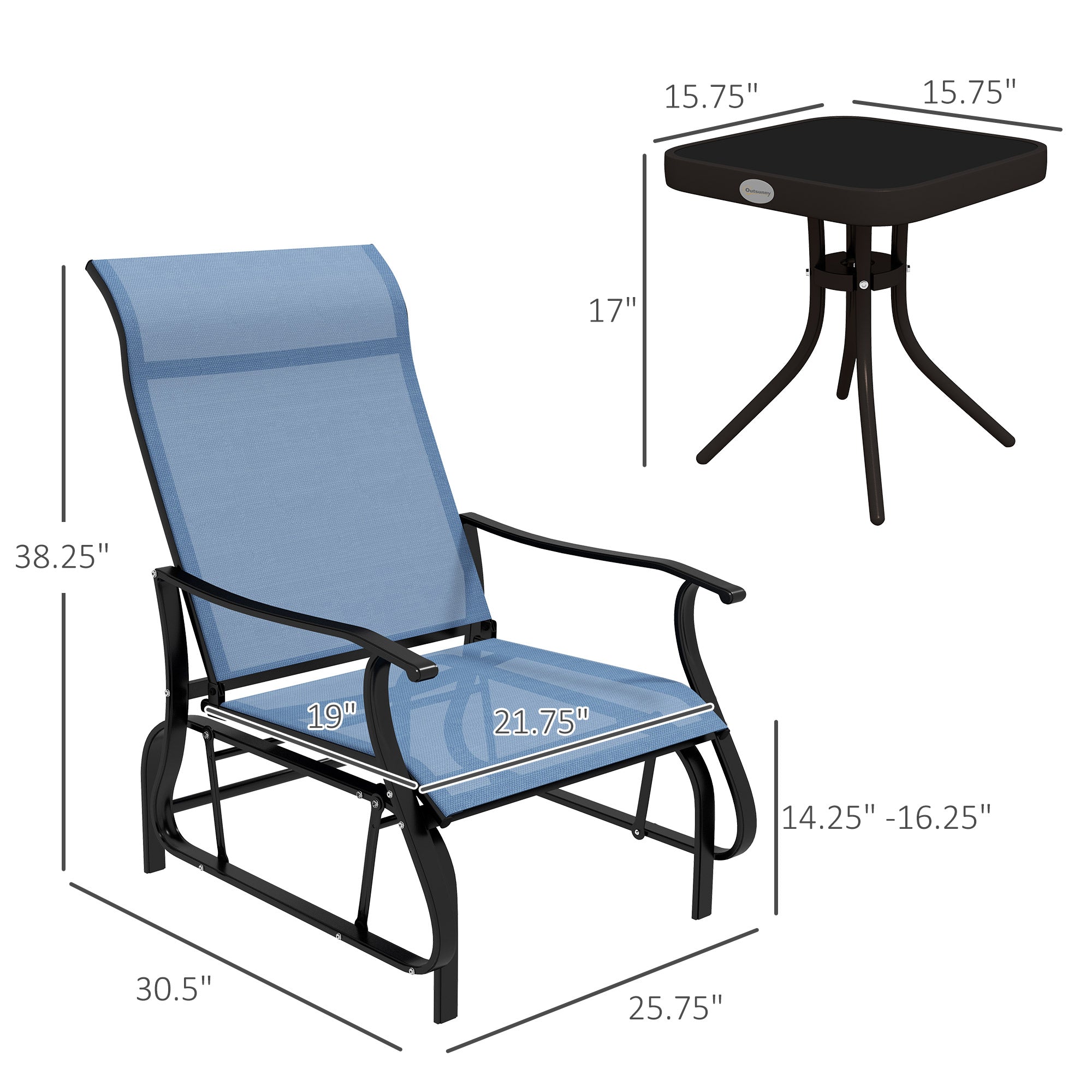 3-Piece Outdoor Gliders Set Bistro Set with Steel Frame, Tempered Glass Top Table for Patio, Garden