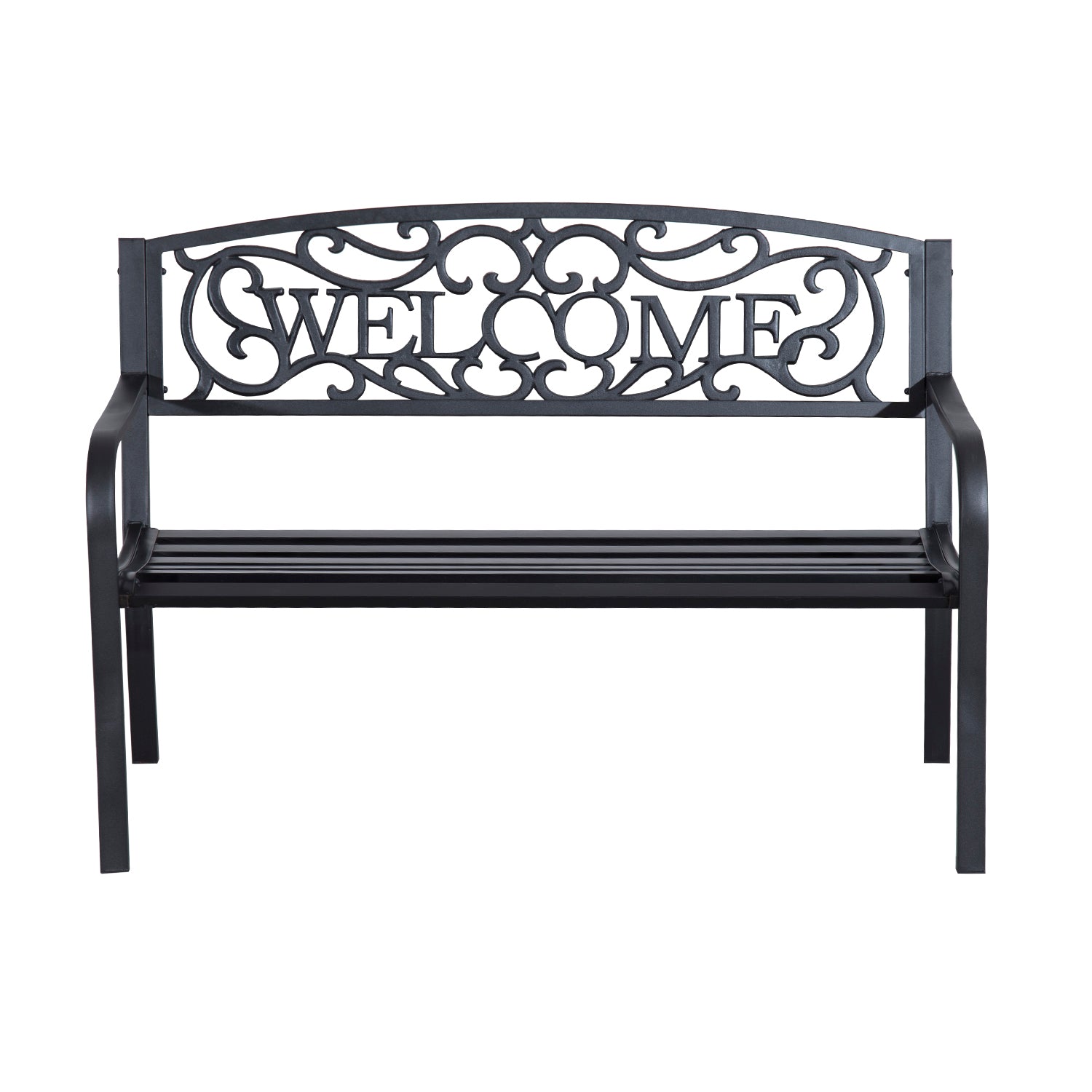 50" 2-Person Garden Bench Loveseat with Cast Iron Decorative Welcome Vines, Outdoor Patio Bench for Backyard, Porch, Entryway