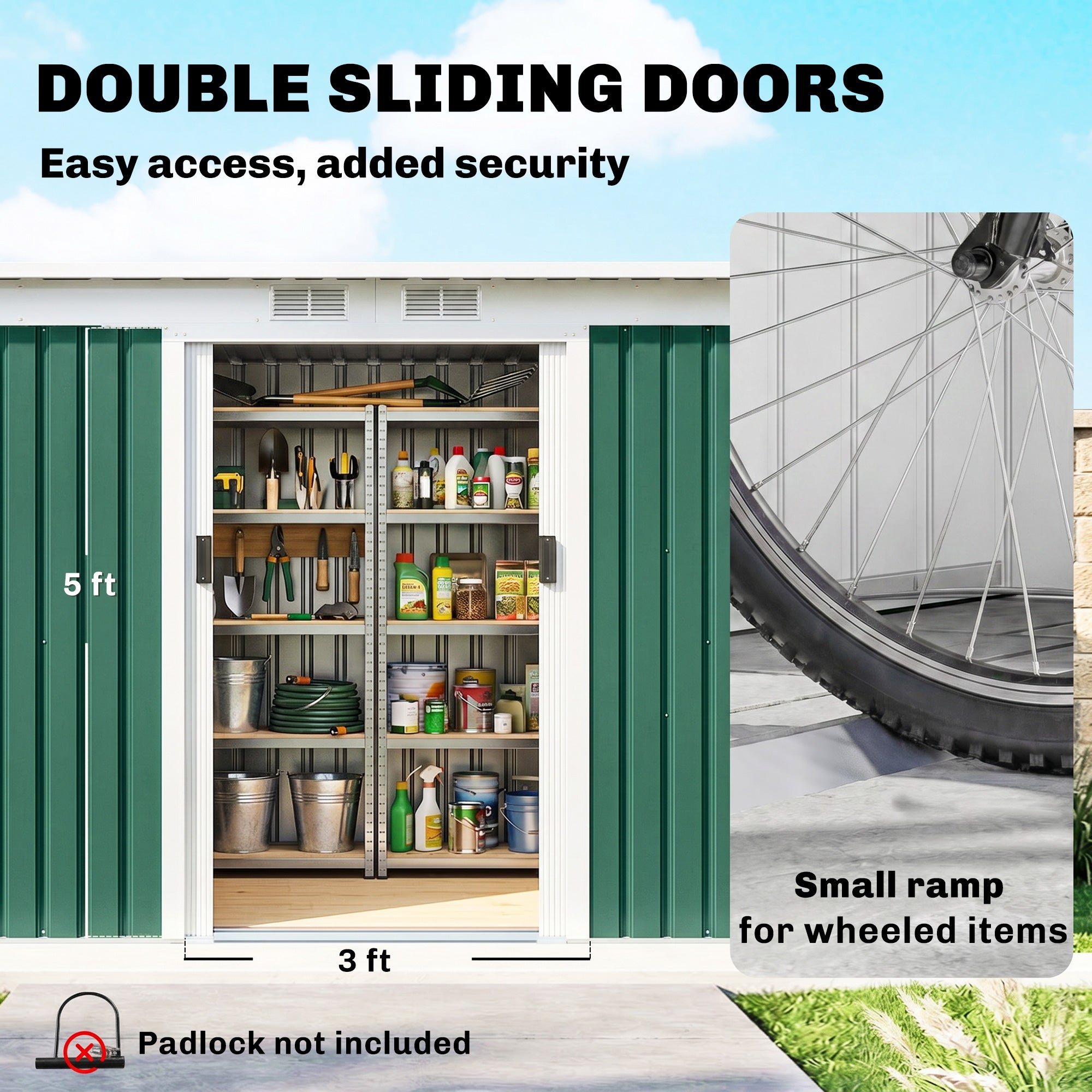 9' x 4' Metal Outdoor Storage Shed, Tool House with Double Lockable Doors for Backyard, Patio, Lawn, Garage