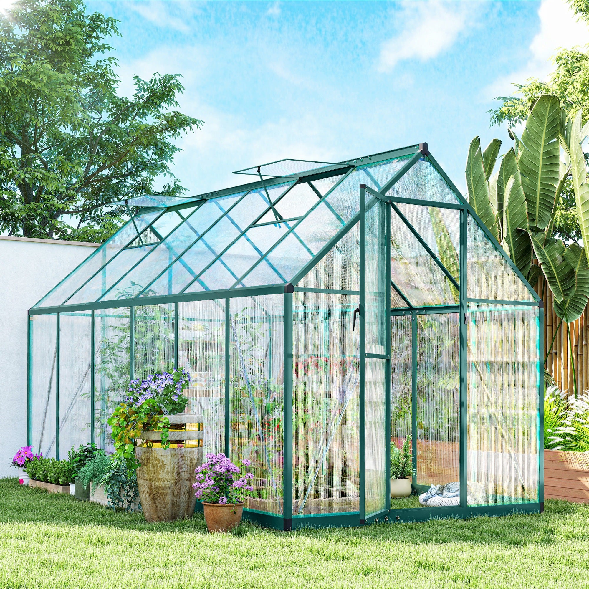 Polycarbonate Greenhouse with Swing Door and Two Adjustable Roof Vents, Aluminum Walk-in Greenhouse, 11x6 ft