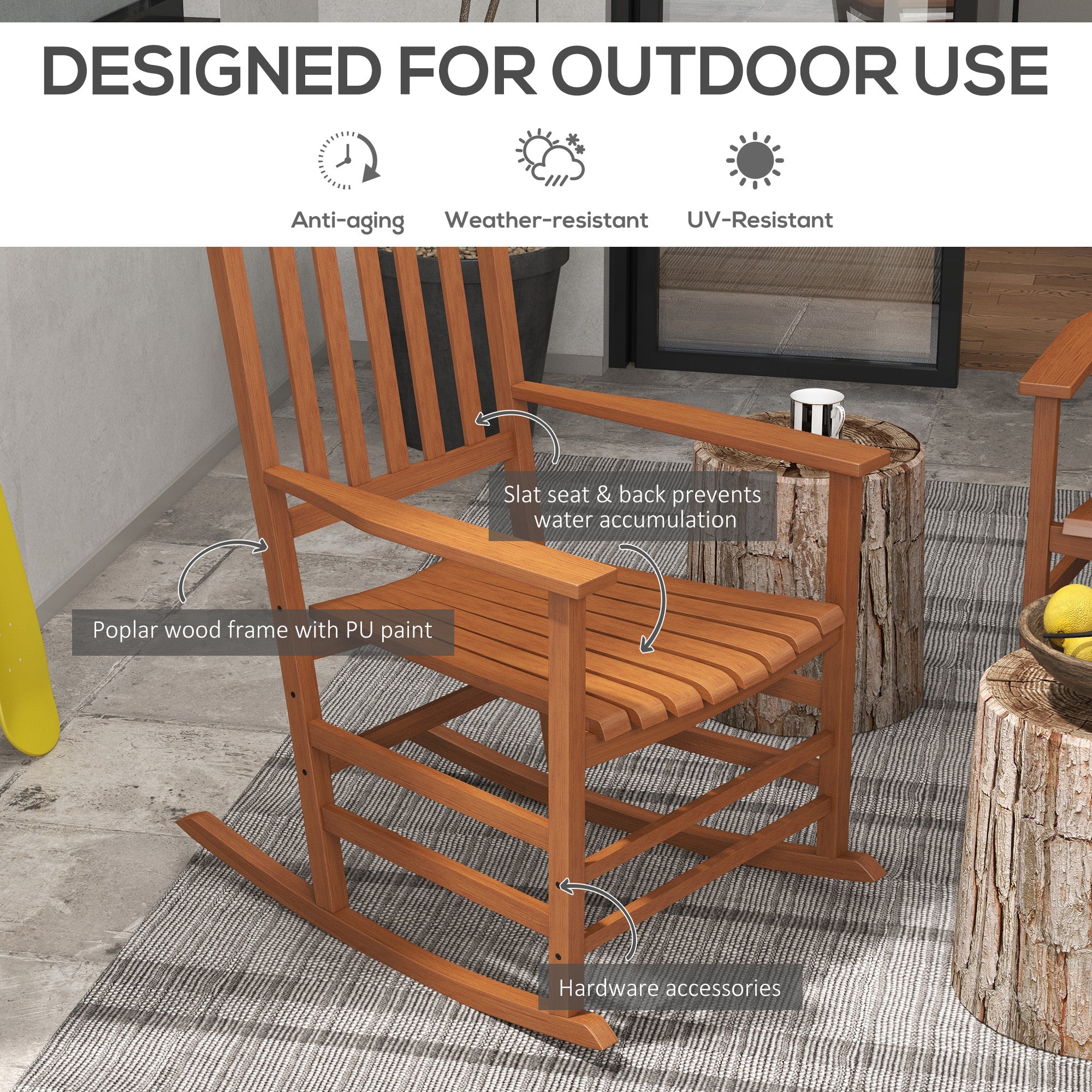 Outdoor Rocking Chair Set of 2, Patio Rocking Chair with Smooth Curves, High Density Wooden Rockers for Lawn Garden Porch, Supports Up to 350lbs