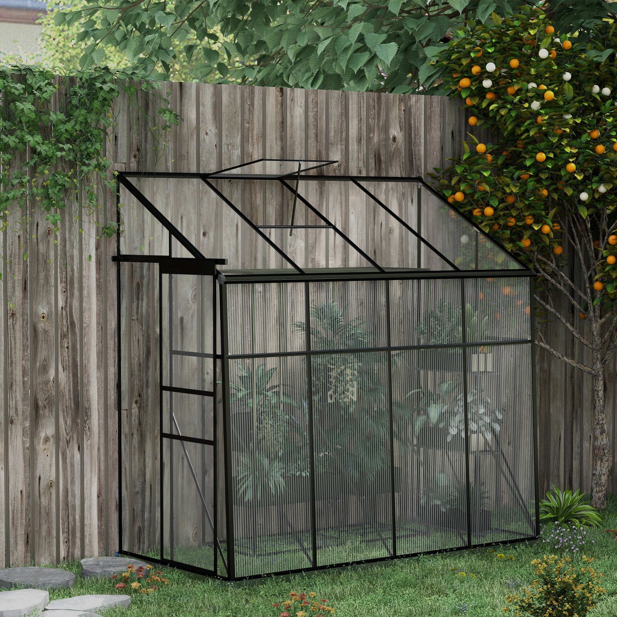 8' x 4' Walk-in Polycarbonate Greenhouse, Lean-to Aluminum Green House with Rain Gutter and Foundation, Black