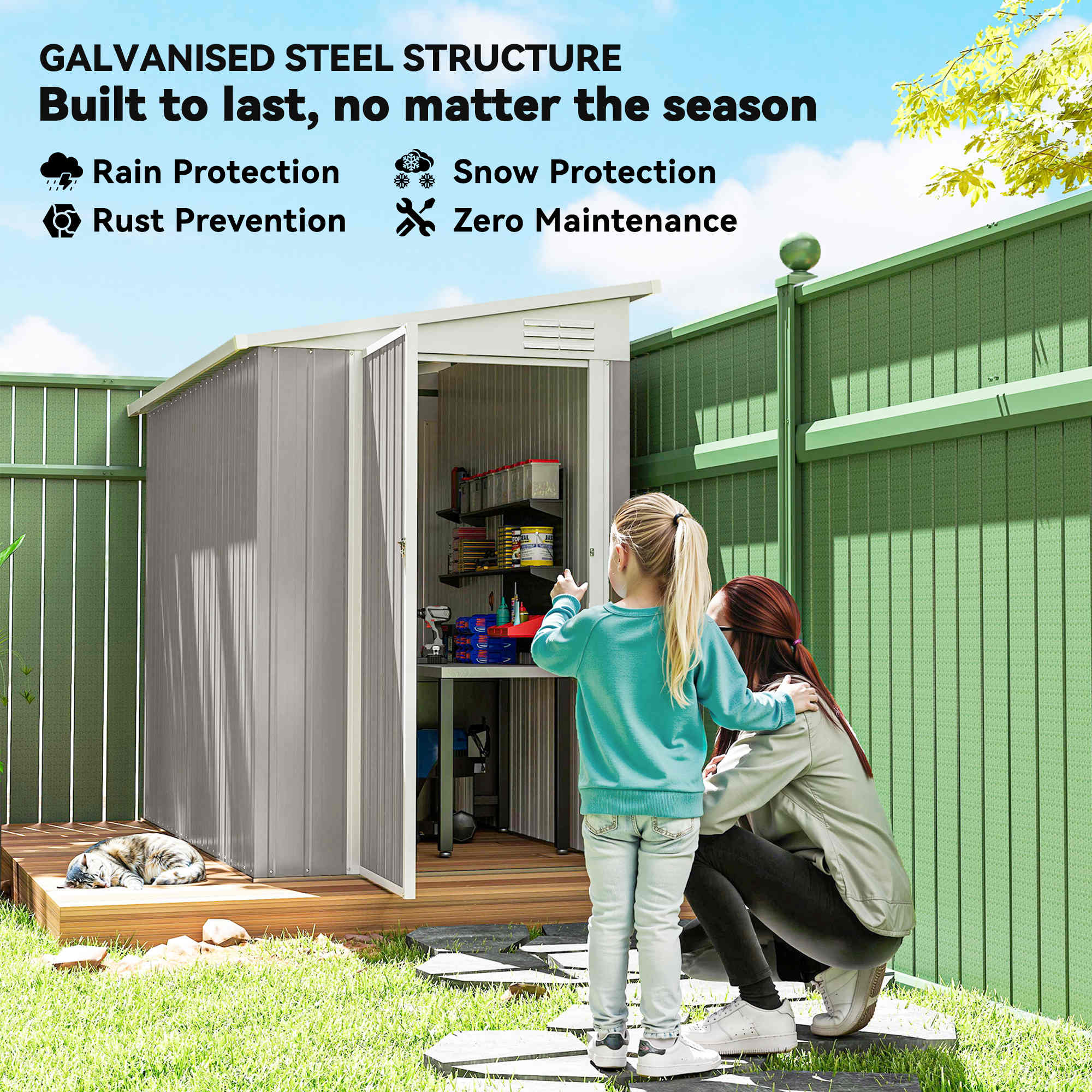4' x 7.7' Lean to Garden Storage Shed, Outdoor Metal Tool House with Lockable Door Vents for Backyard Patio Lawn