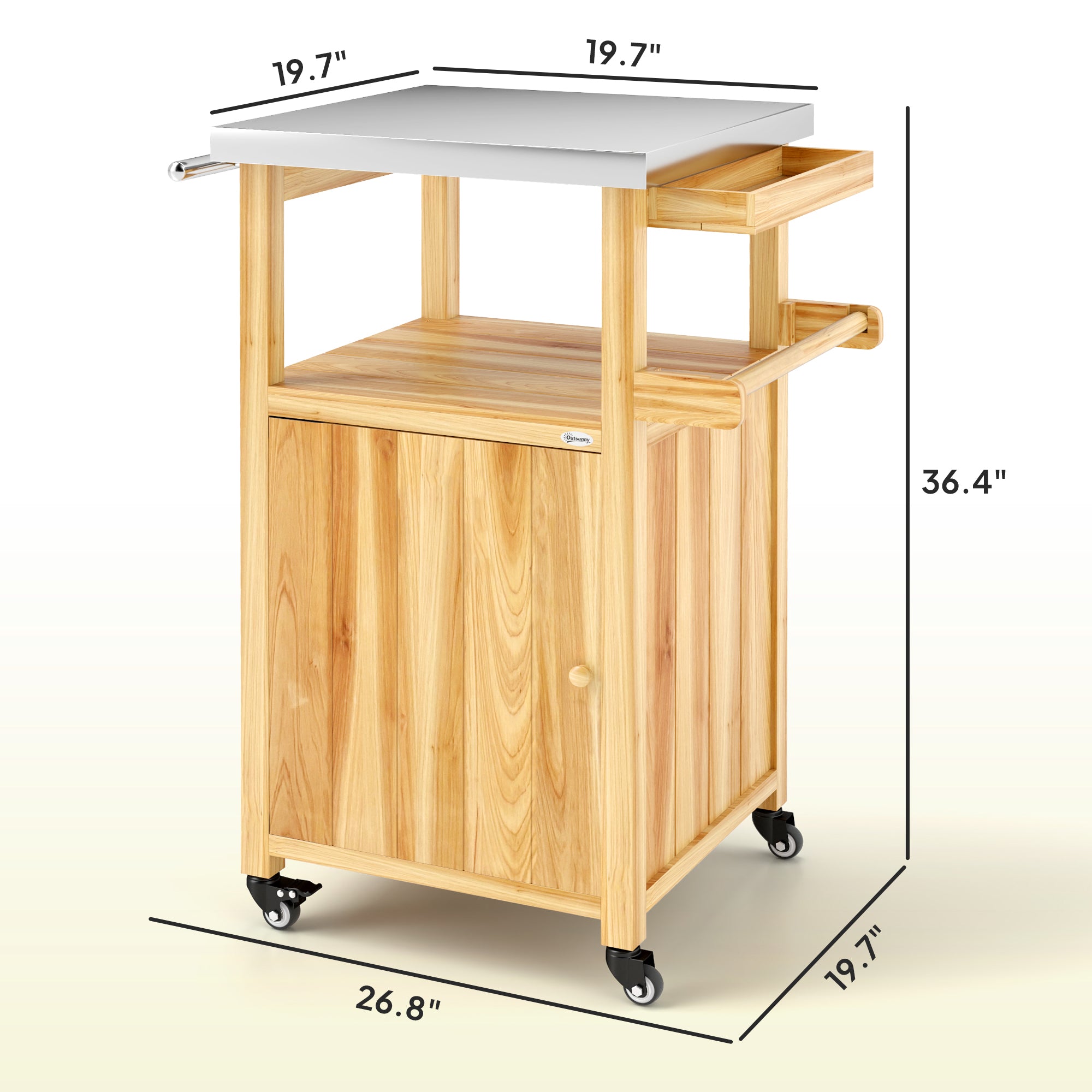 Outdoor Grill Cart w/ Stainless Steel Top, Solid Wood Outdoor Kitchen Island w/ Wheels, Integrated Hole