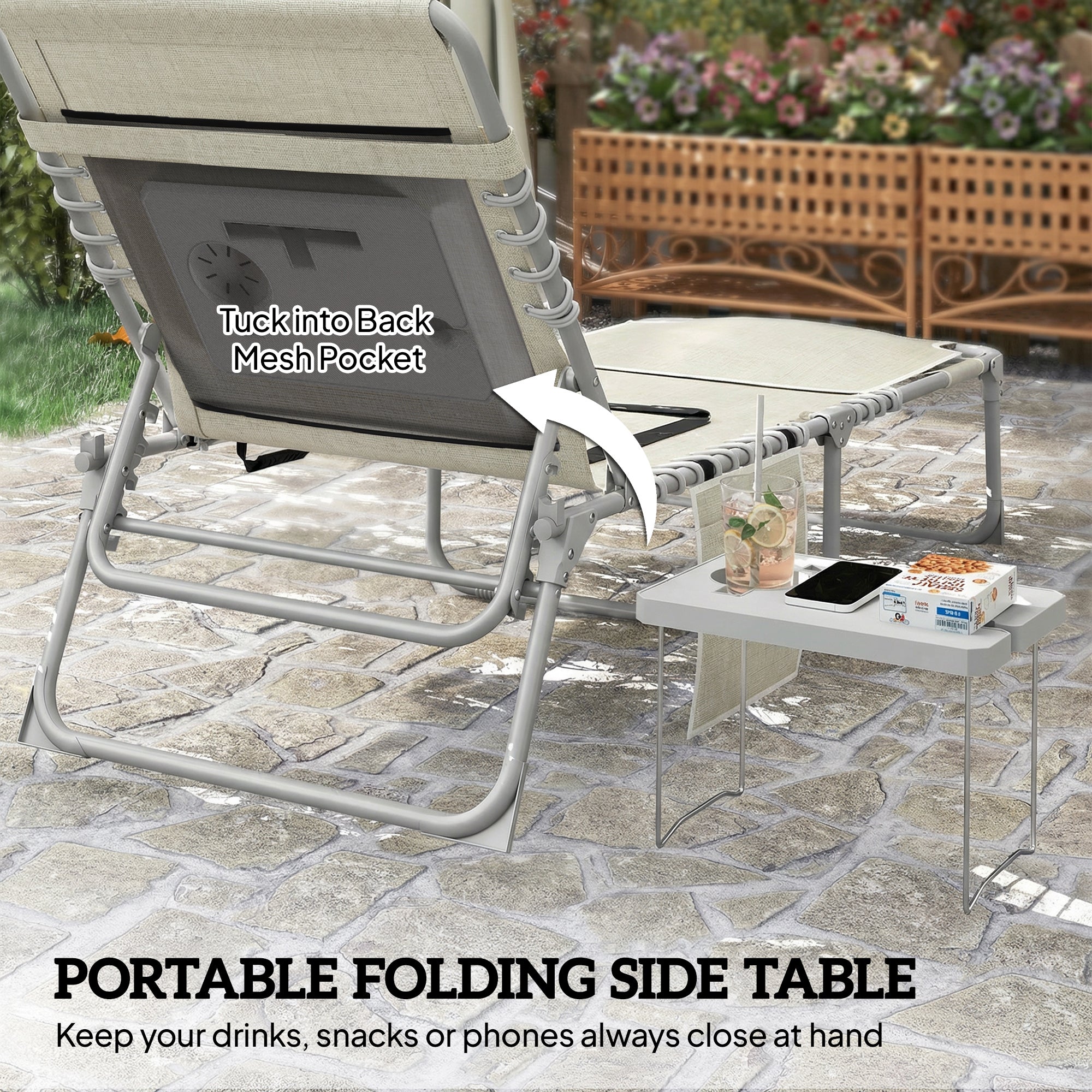 Tanning Chair with Face Hole and Side Table, 5-Position Folding Outdoor Chaise Lounge Chair