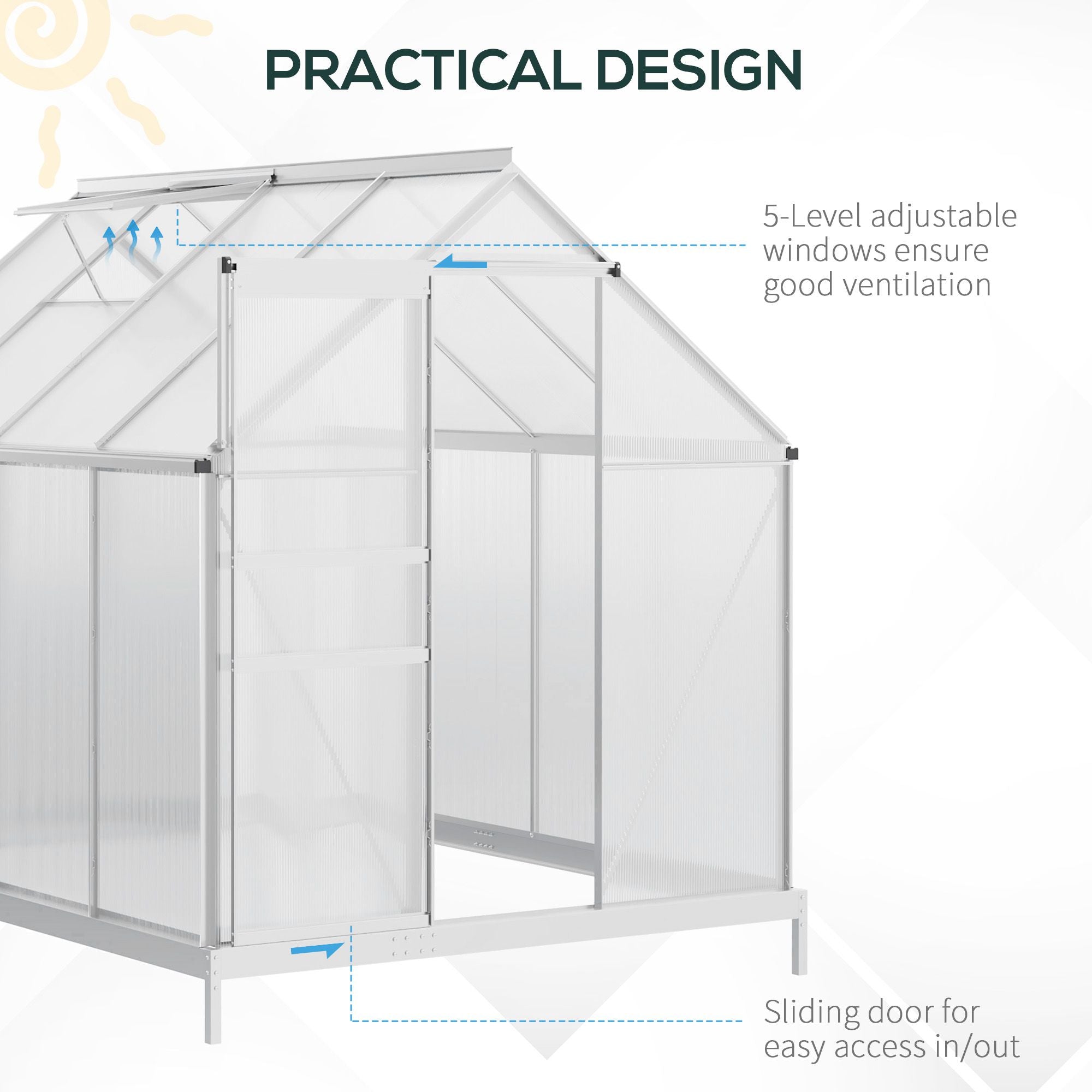 8' x 6' Aluminum Outdoor Greenhouse, Polycarbonate Walk-in Garden Greenhouse Kit with Adjustable Roof Vent, Rain Gutter and Sliding Door for Winter, Silver