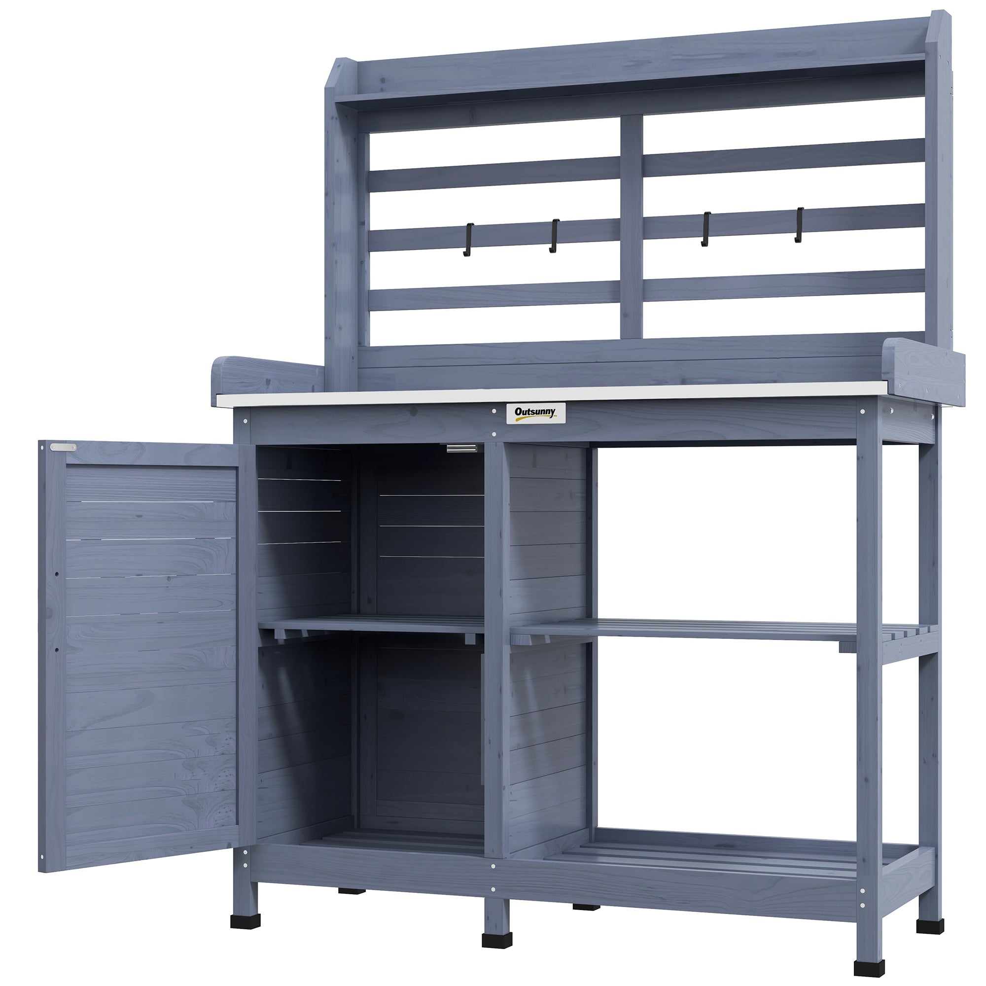 Wooden Potting Bench with Storage, Aluminum Tabletop for Backyard, Patio, Balcony