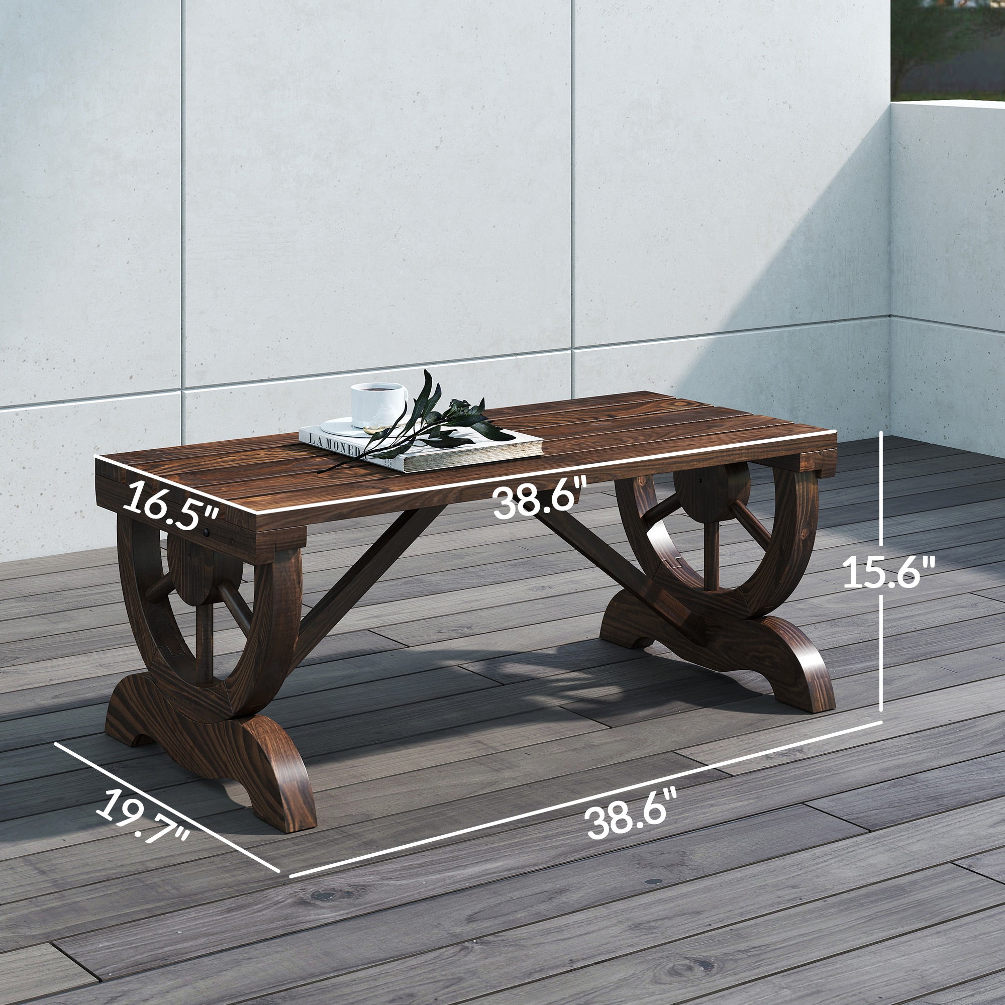 2-Person Wooden Garden Bench, Outdoor Wagon Wheel Porch Bench for Backyard Garden, Support 550 LBS, Rustic Country Style Patio Furniture
