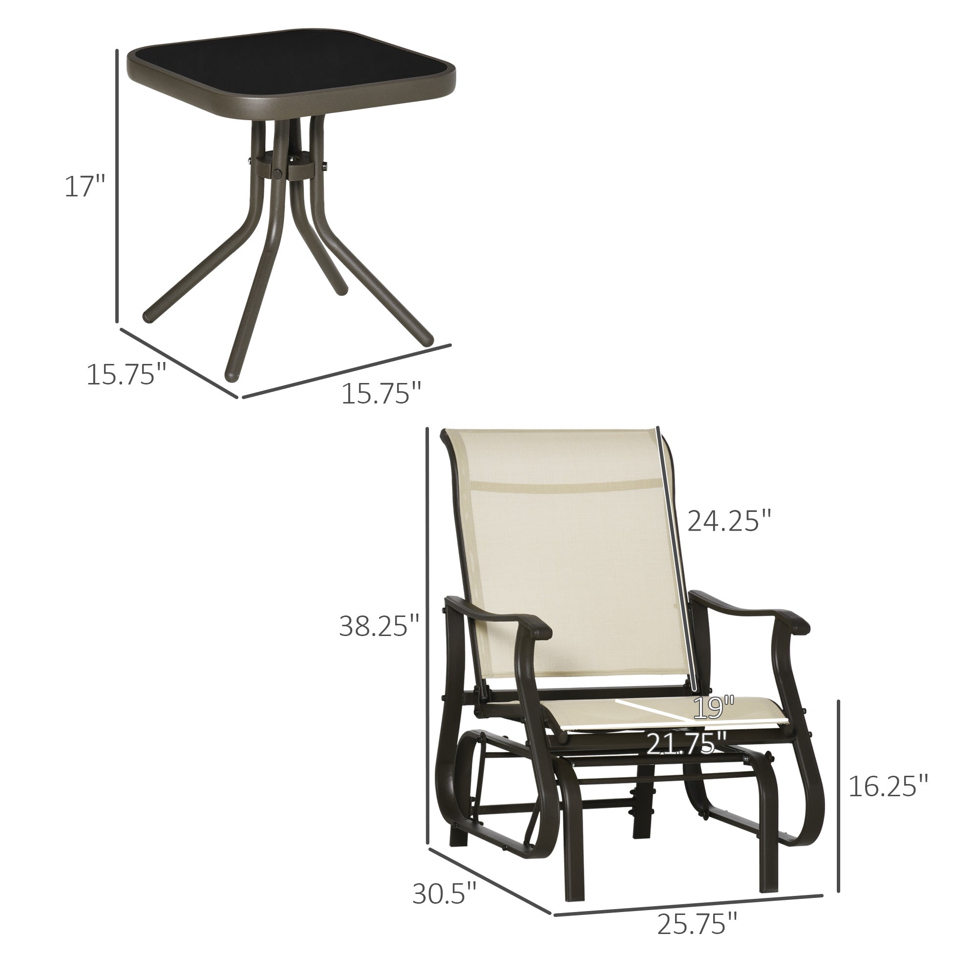 3-Piece Outdoor Gliders Set Bistro Set with Steel Frame, Tempered Glass Top Table for Patio, Garden, Backyard, Lawn