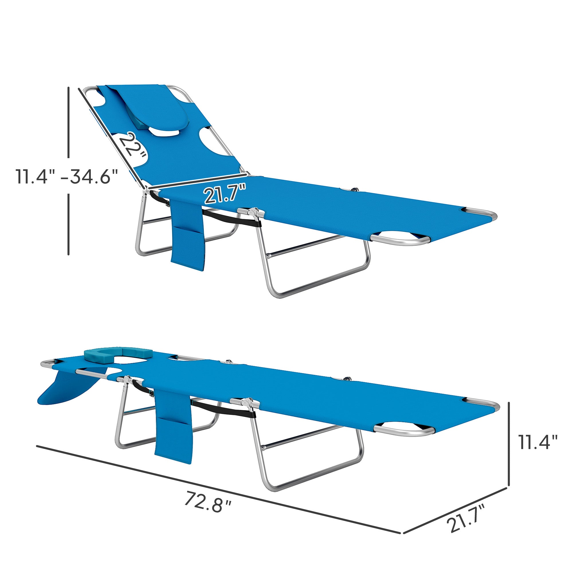 Tanning Chair with Face Hole, 5-Level Adjustable Outdoor Chaise Lounge Chair with Pillow for Beach, Pool
