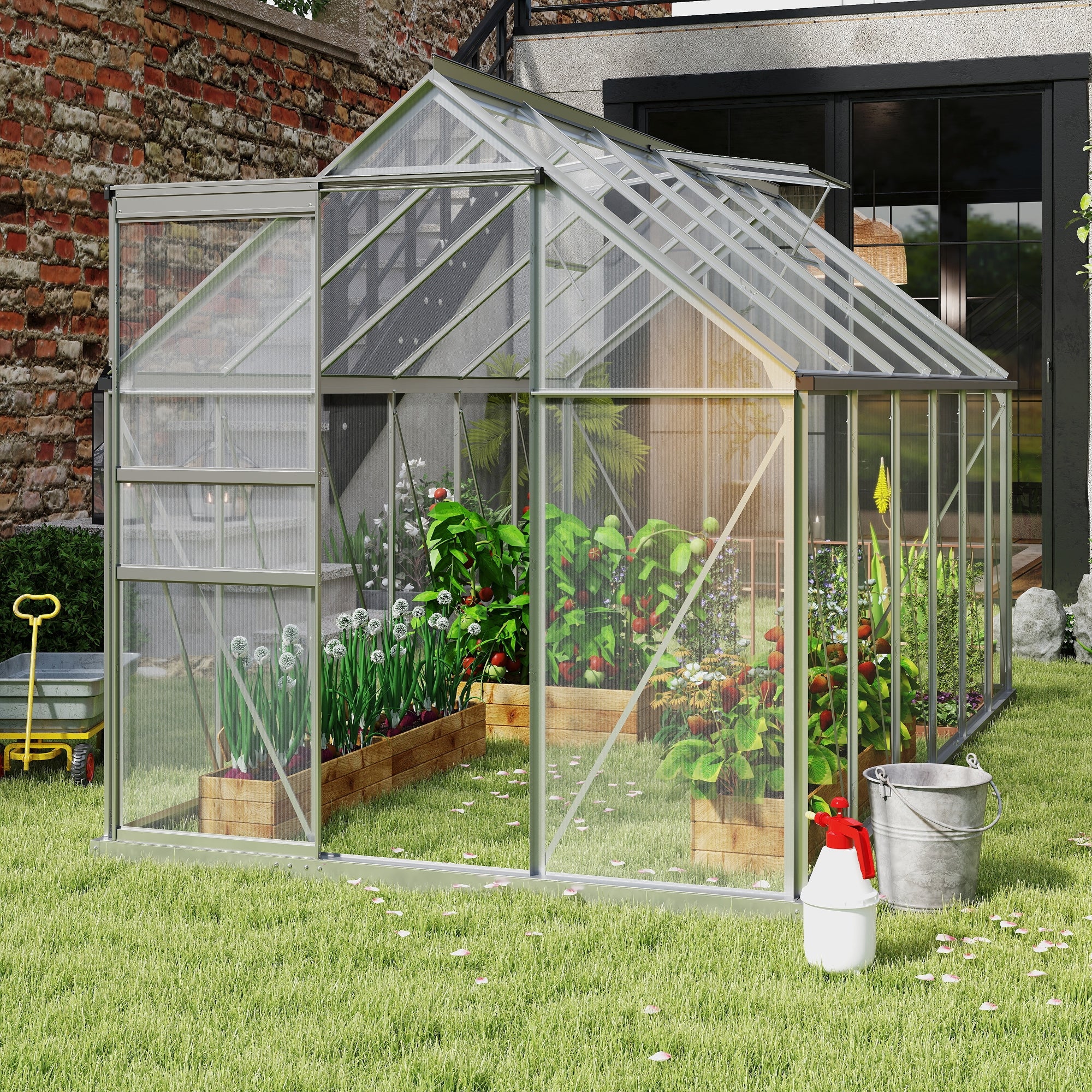 6' x 6' x 6.5' Polycarbonate Greenhouse with Aluminum Frame, Walk-in Heavy Duty Green House with Adjustable Roof Vent, Rain Gutter and Sliding Door for Winter, Silver