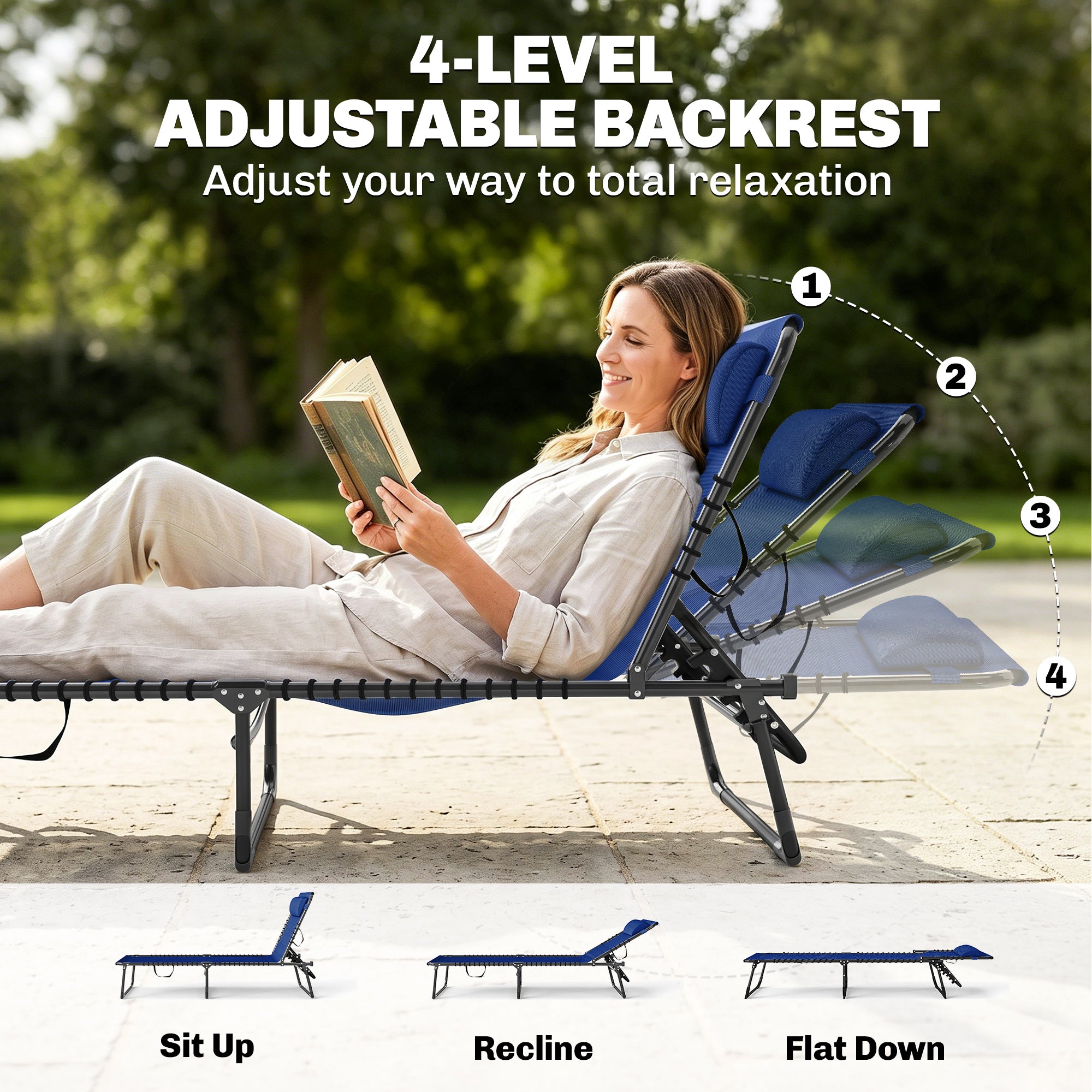 2 Folding Chaise Lounge Pool Chairs with 4-Position Reclining Back, Pillow, Breathable Mesh & Bungee Seat