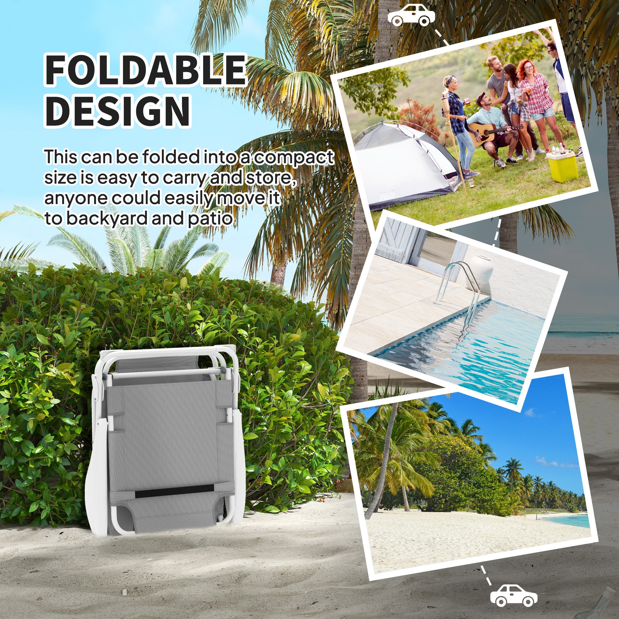 Folding Chaise Lounge, Outdoor Sun Tanning Chair, 4-Position Reclining Back, Armrests, Removable Pillow, Light Gray