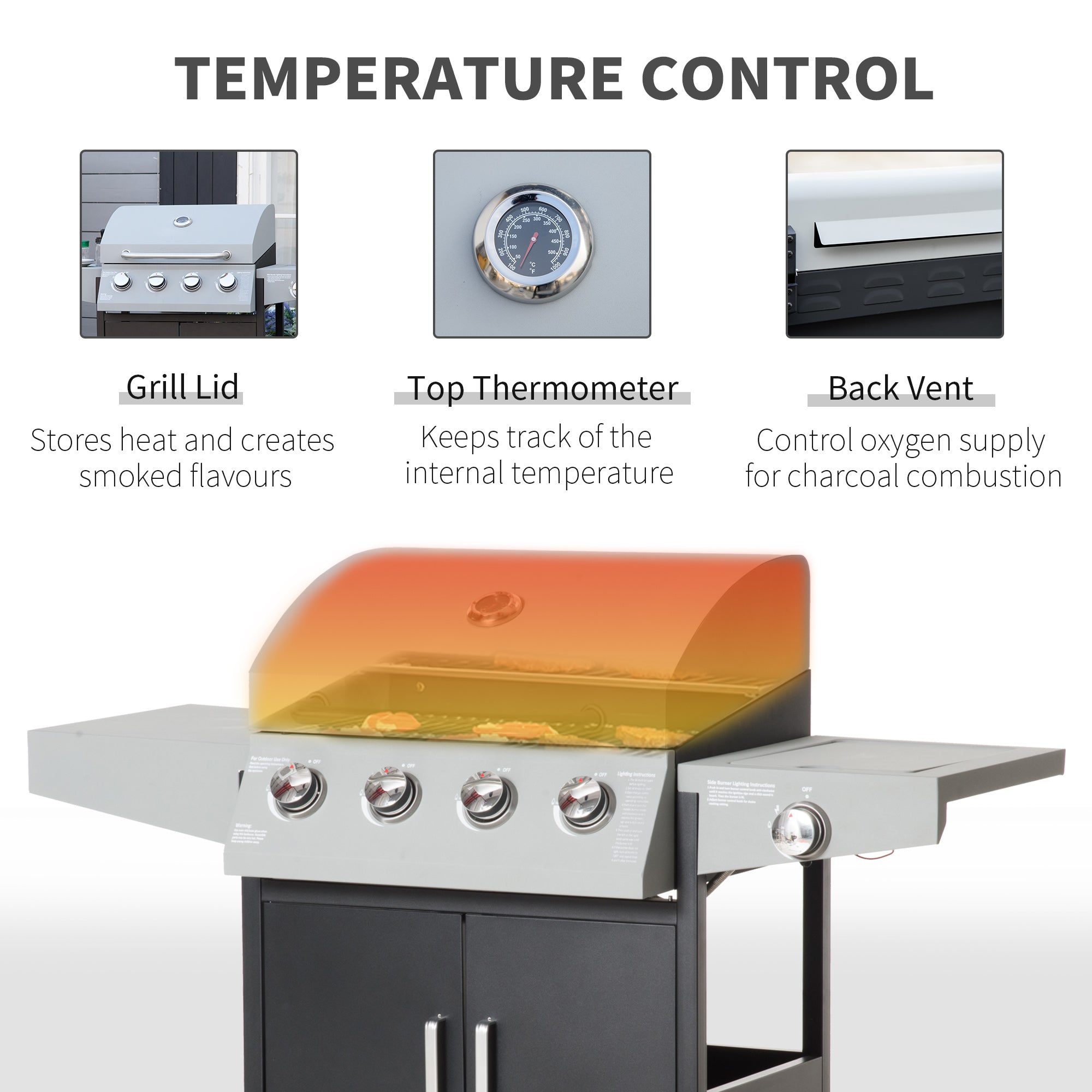 52" Barbecue Grill with Wheels 4+1 Burner Liquid Propane Gas Grill Outdoor Cabinet Style BBQ Trolley w/ Side Burner