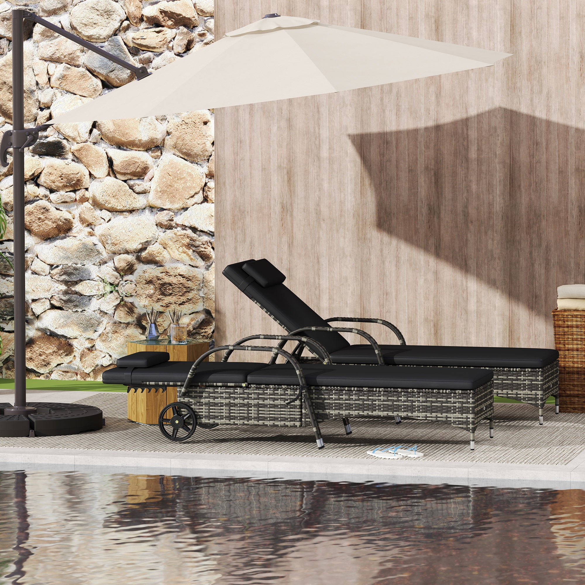 2 Reclining Chaise Lounge Chairs, Rolling Outdoor Chairs with Cushion, Pillow, Headrest, Armrests, and Wheels