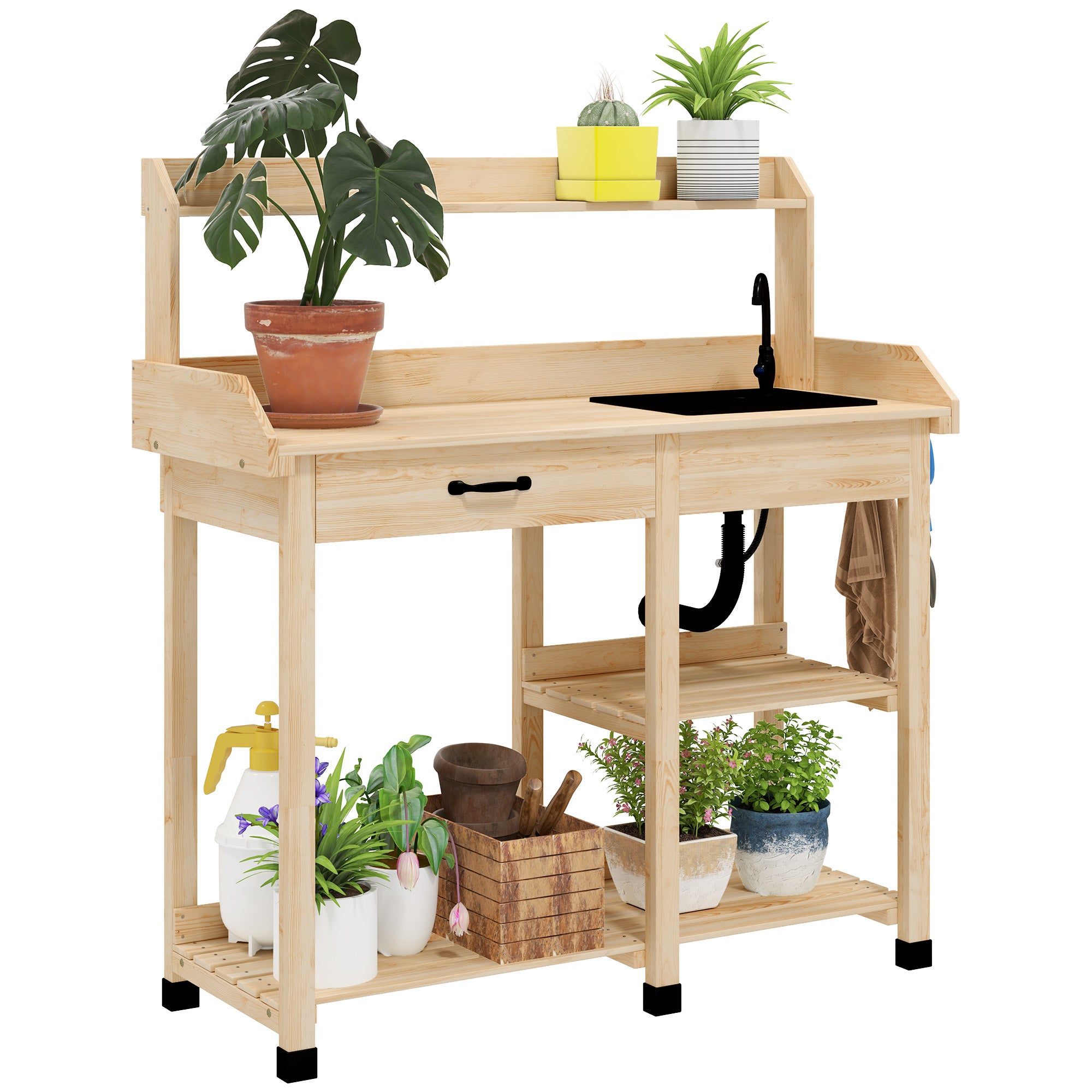 Potting Bench Table, Outdoor Garden Table Wooden Work Station with Removable Sink, Faucet, Drawer, Shelves, Hooks