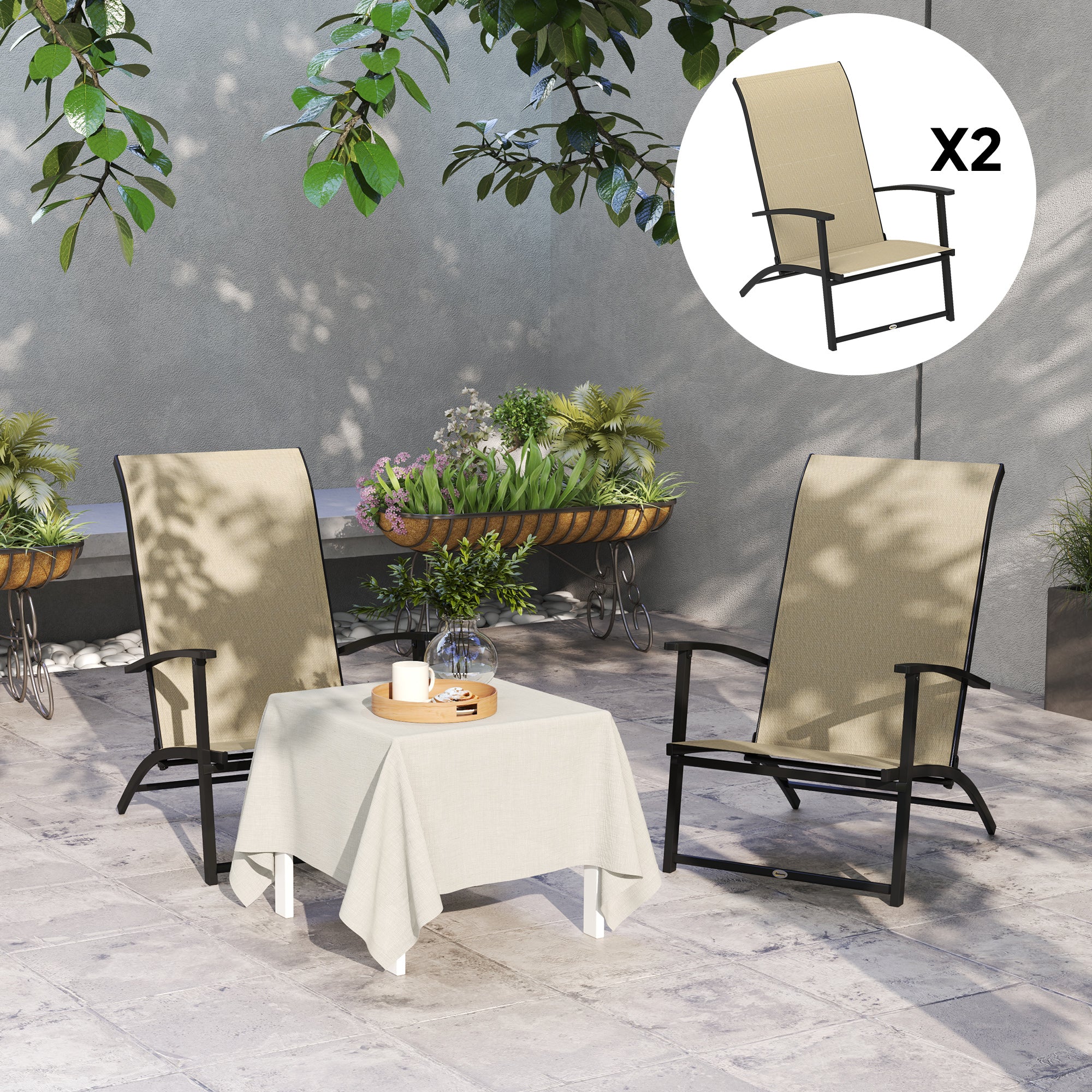 Set of 2 Outdoor Dining Chairs with High Back, Armrests, Folding Patio Chairs for Patio, Lawn, Camping