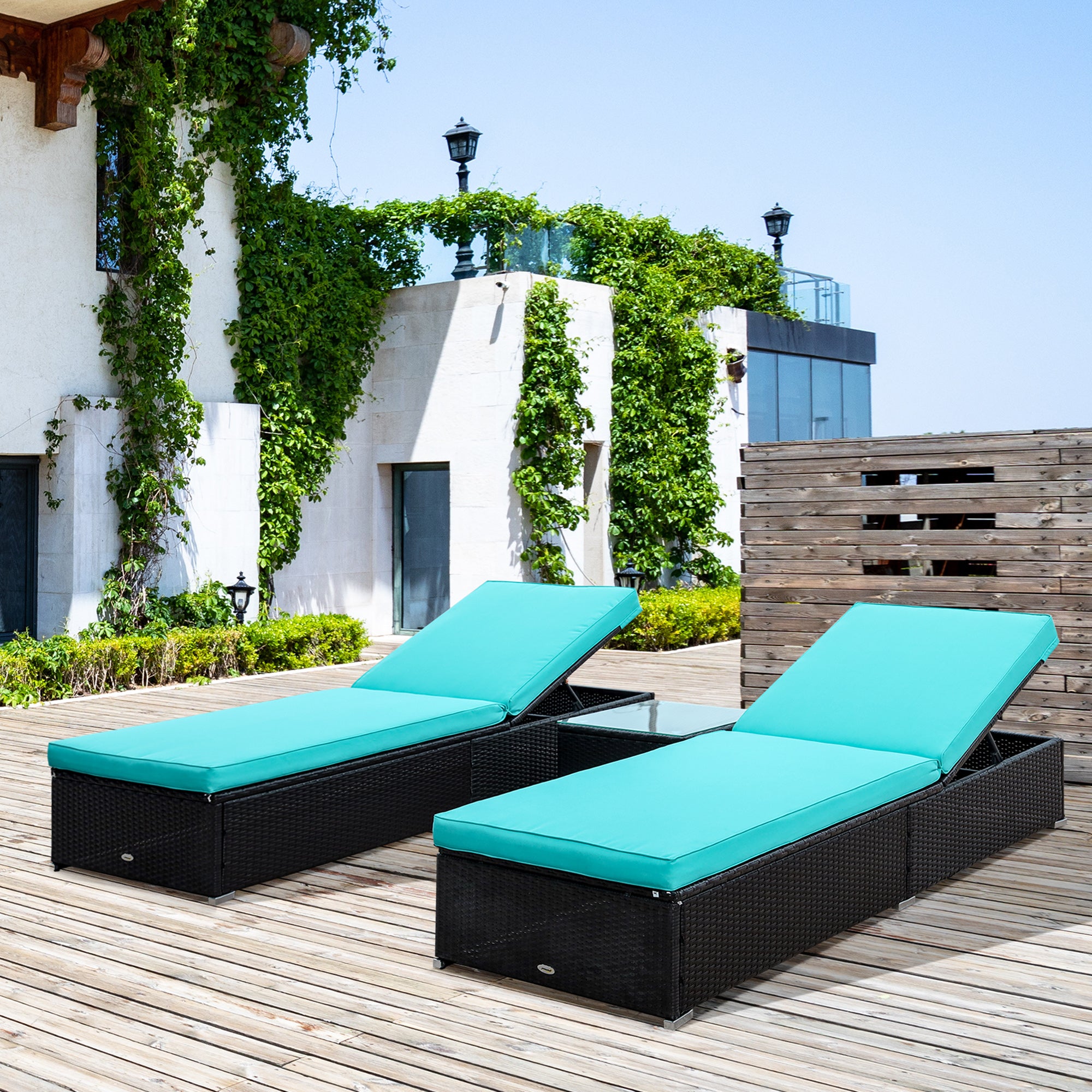 Chaise Lounge Chair Set of 2 with 5 Angle Backrest, Outdoor Coffee Table, Water Repellent Cushions, PE Rattan Wicker Poolside Chairs, 3-Piece Pool Furniture Set, Dark Brown/Turquoise