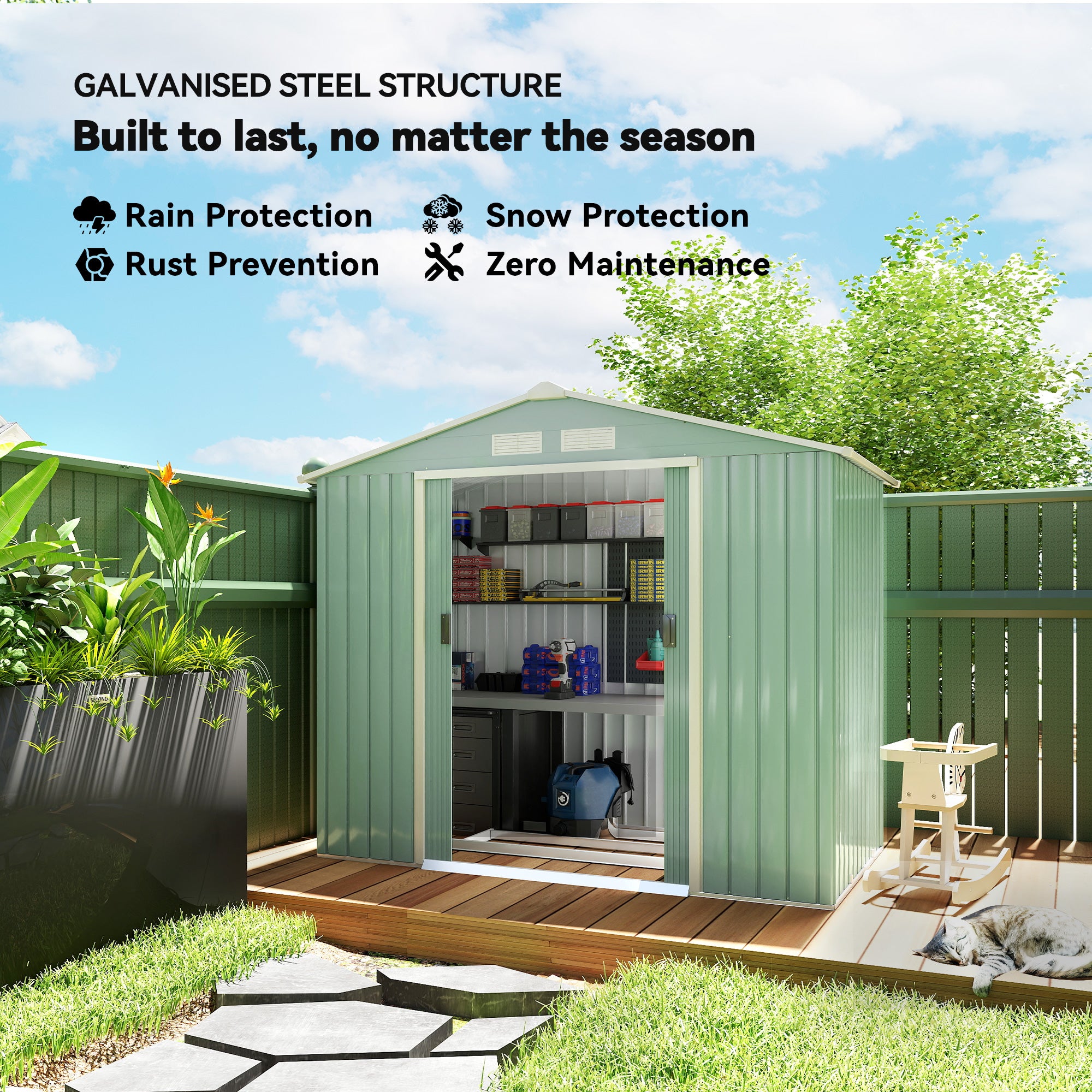 7' x 4' Outdoor Storage Shed, Garden Tool Metal Shed with Foundation Kit, Double Lockable Door, Air Vents and Sloping Roof, for Backyard, Patio, Lawn
