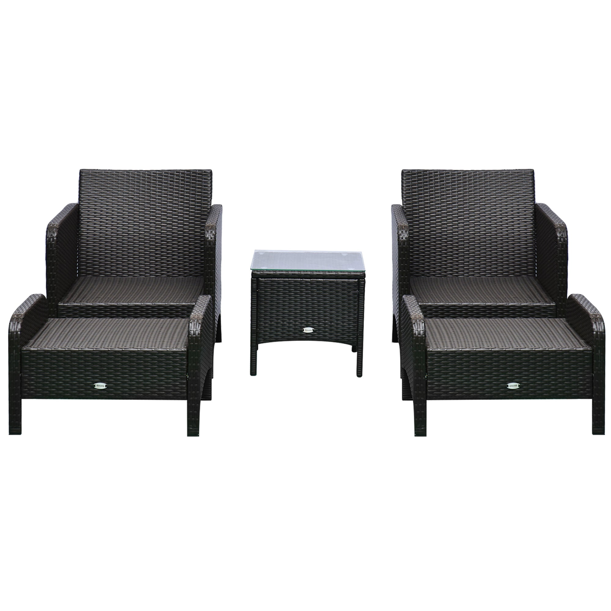 5 Pieces Rattan Wicker Lounge Chair Outdoor Patio Conversation Set with 2 Cushioned Chairs, 2 Ottomans and Tempered Glass Top Coffee Table