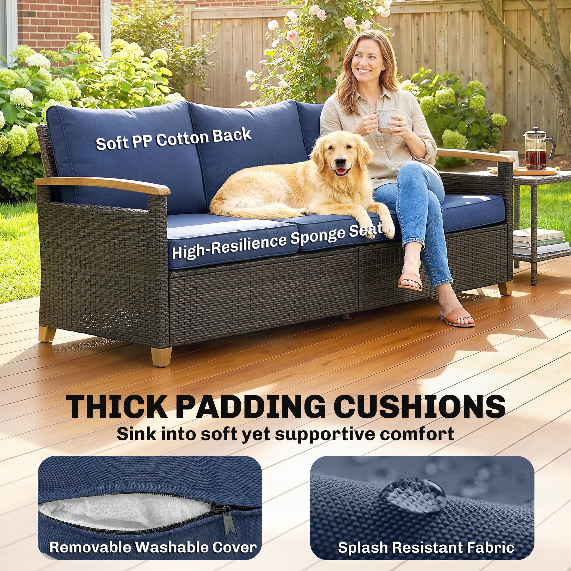 3 Seater Outdoor Couch Sofa, PE Wicker Patio Sofa, Wide Deep Seat, 4" Cushions, Wood-Effect Armrests Legs