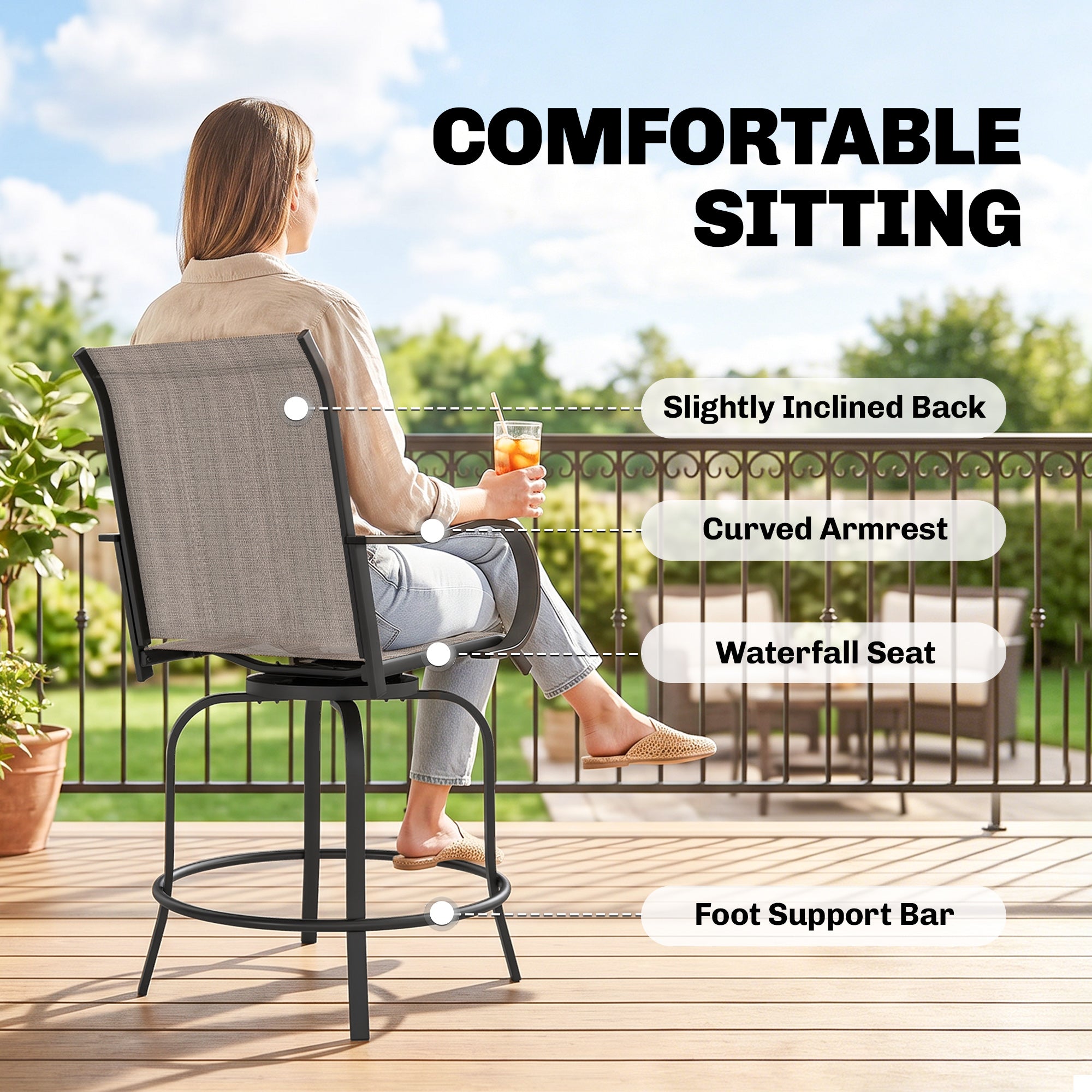 Outdoor Bar Stools Set of 2, 360° Swivel Bar Height Chairs, 26.75" x 29.5" x 48.5"