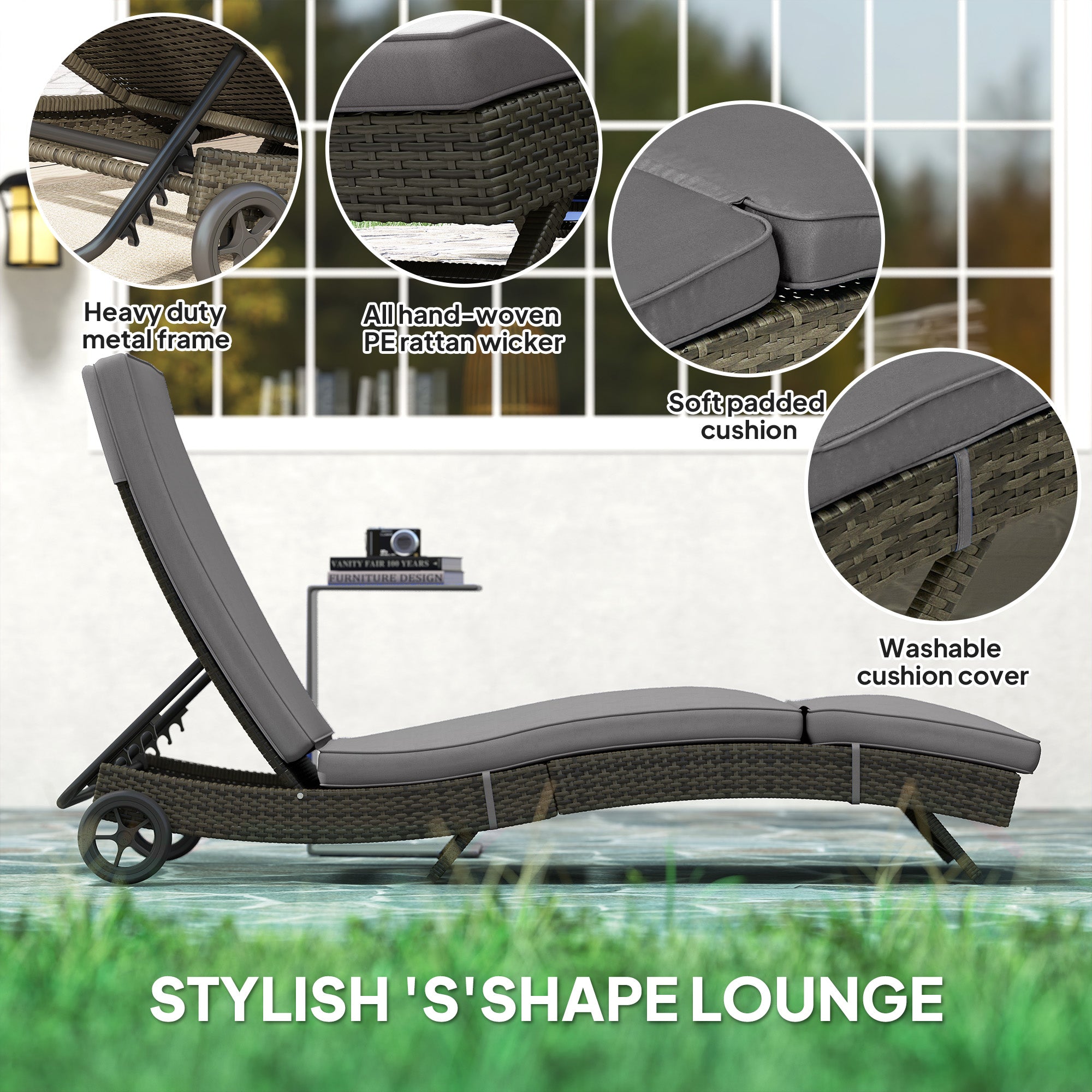 Patio Wicker Chaise Lounge Chair, Outdoor PE Rattan Sun lounger with Adjustable Backrest and 2 Wheels