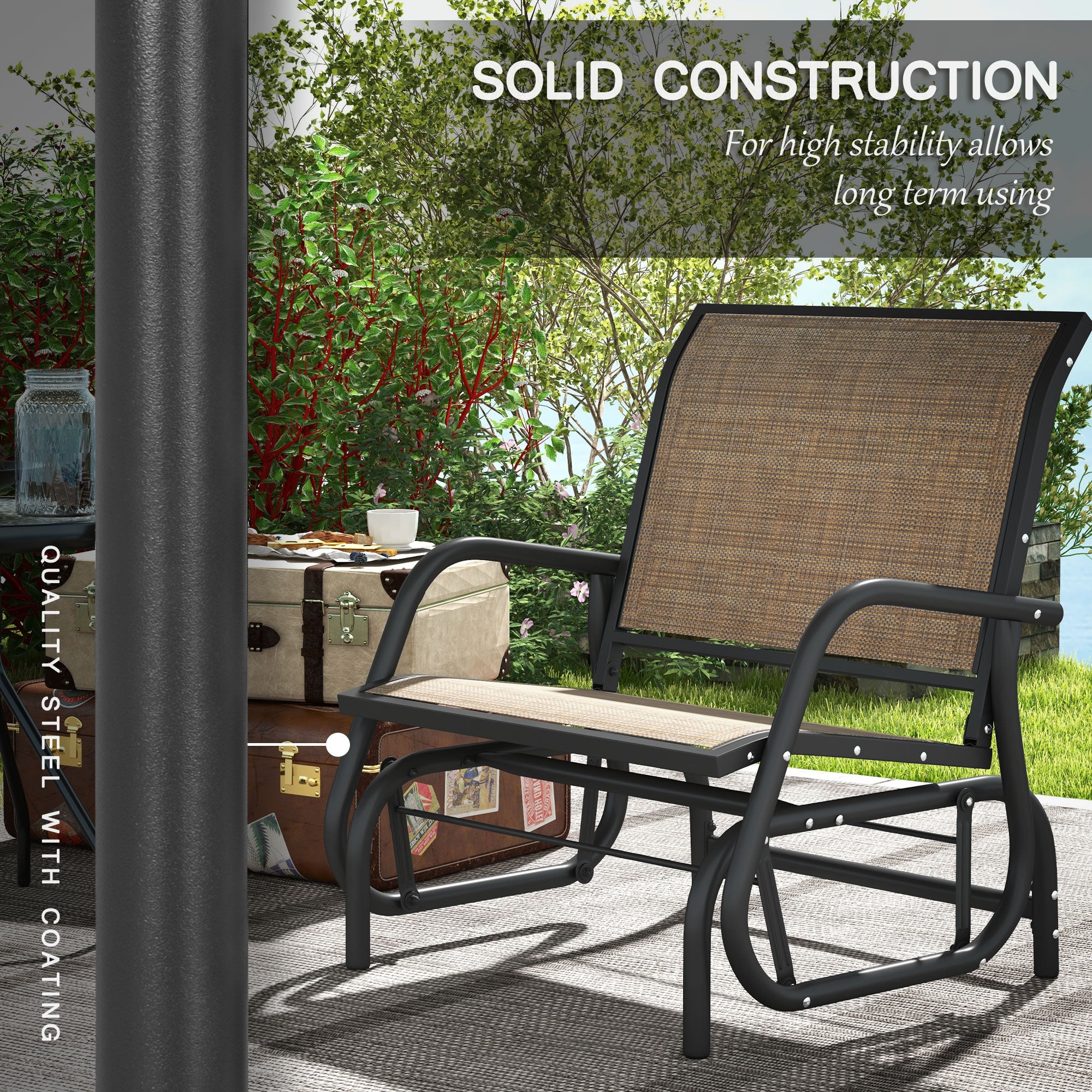 2-Piece Outdoor Glider Swing, Rocking Chair Set with Breathable Mesh Fabric, Sturdy Durable Frame, Curved Armrests, Supports Up to 264 lbs., for Backyard, Garden, Porch