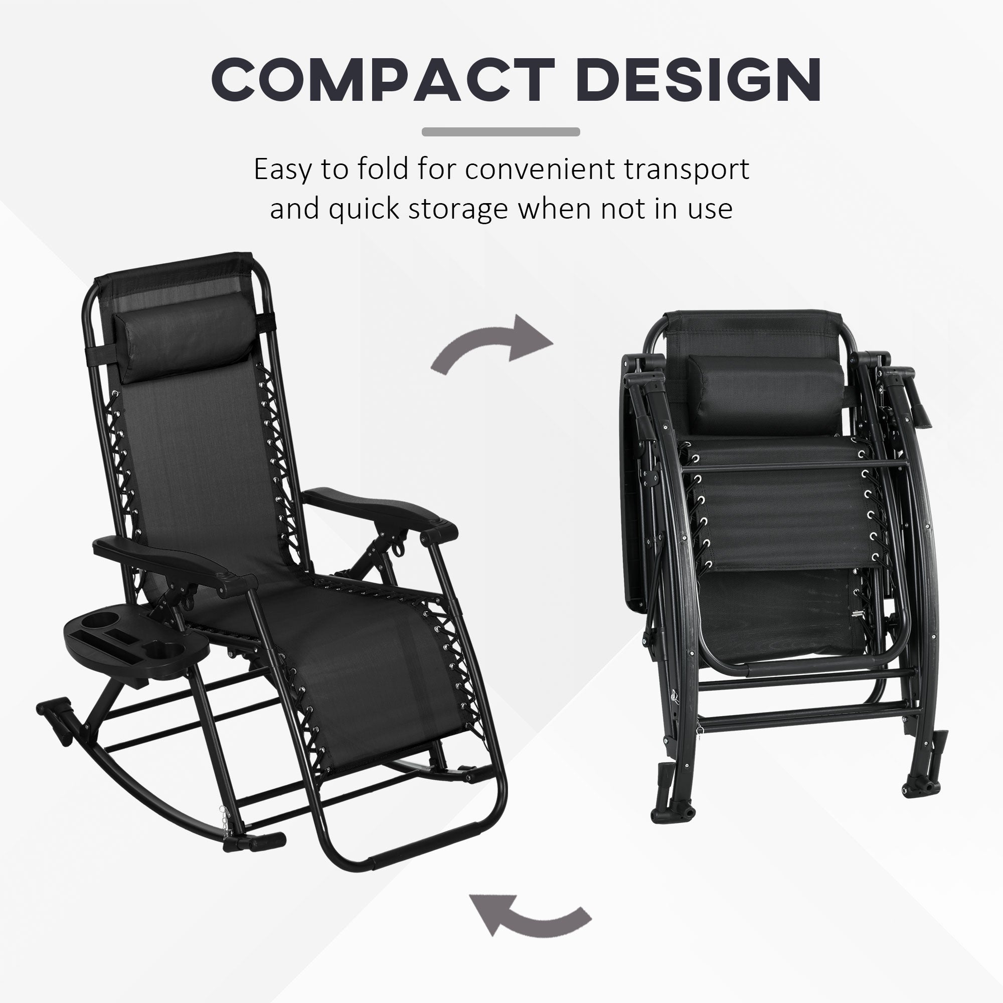 2 Outdoor Rocking Chairs Foldable Reclining Zero Gravity Lounge Rockers w/ Pillow Cup & Phone Holder