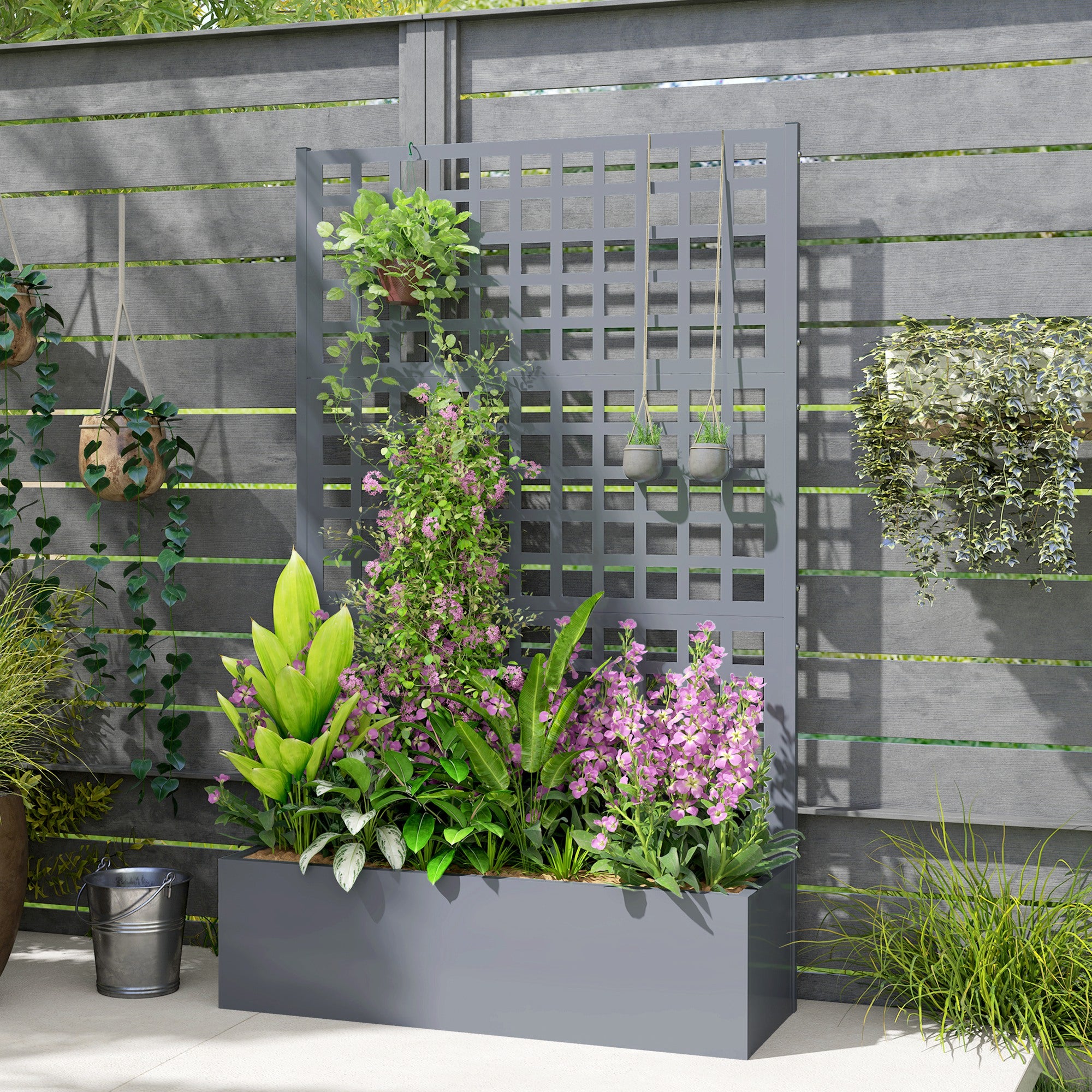 Galvanized Raised Garden Bed Planter Box with Trellis for Climbing Plants, Vegetable, Vines, 43" x 16" x 70"