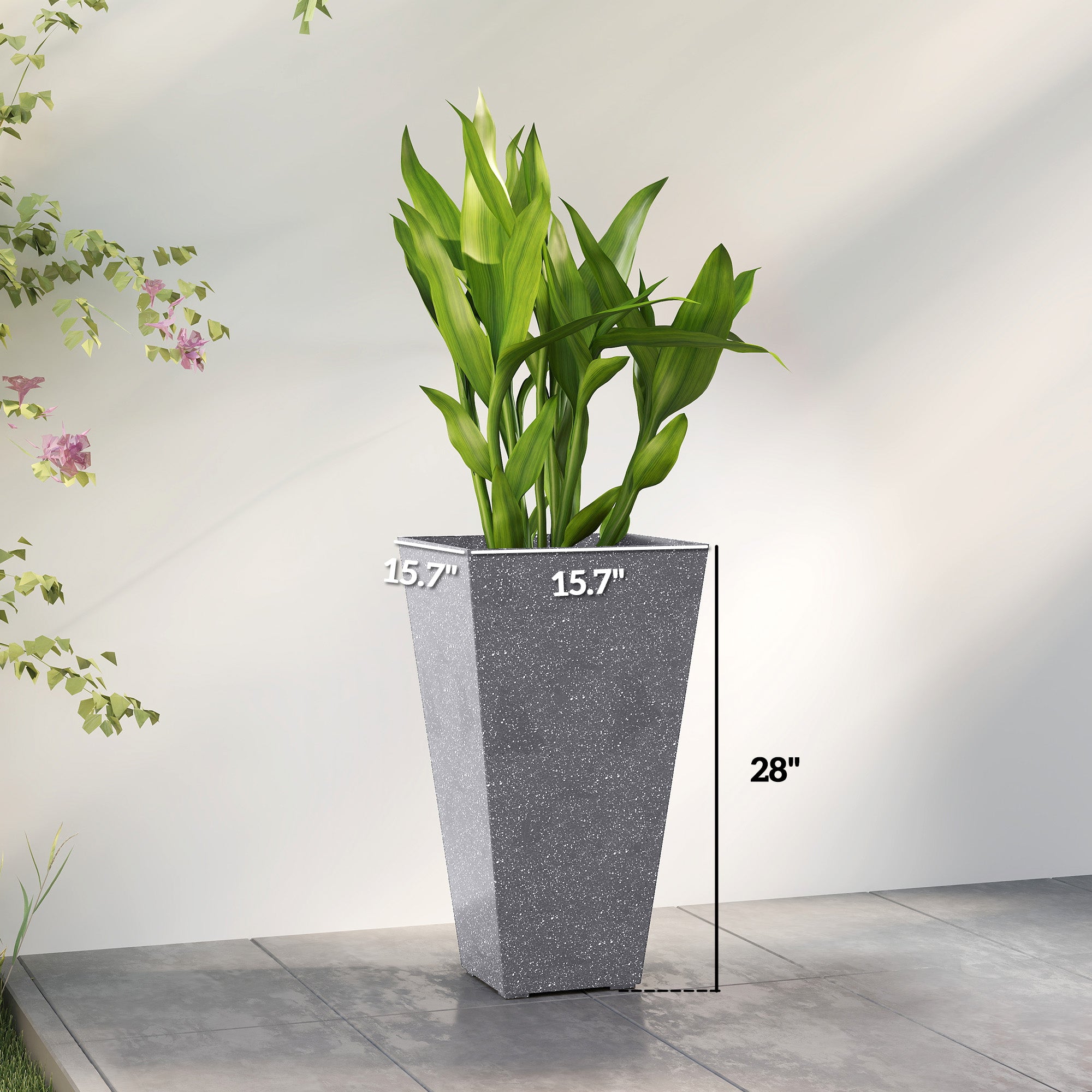 28" Tall Planters, Set of 3 Plastic Flower Pots with Marble Finish and Drainage Holes, Stackable Taper Planters